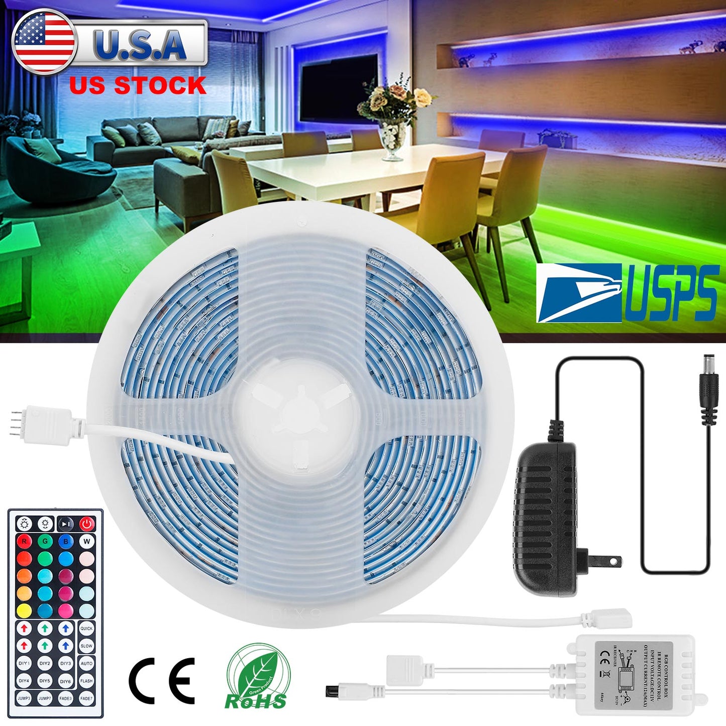 LED Strip Lights 16.4FT 150 LEDs RGB Color Changing Lamp IP65 Waterproof 5050 LED Dimmable LED Decorative Lights DIY Strip Lights w/ IR Remote