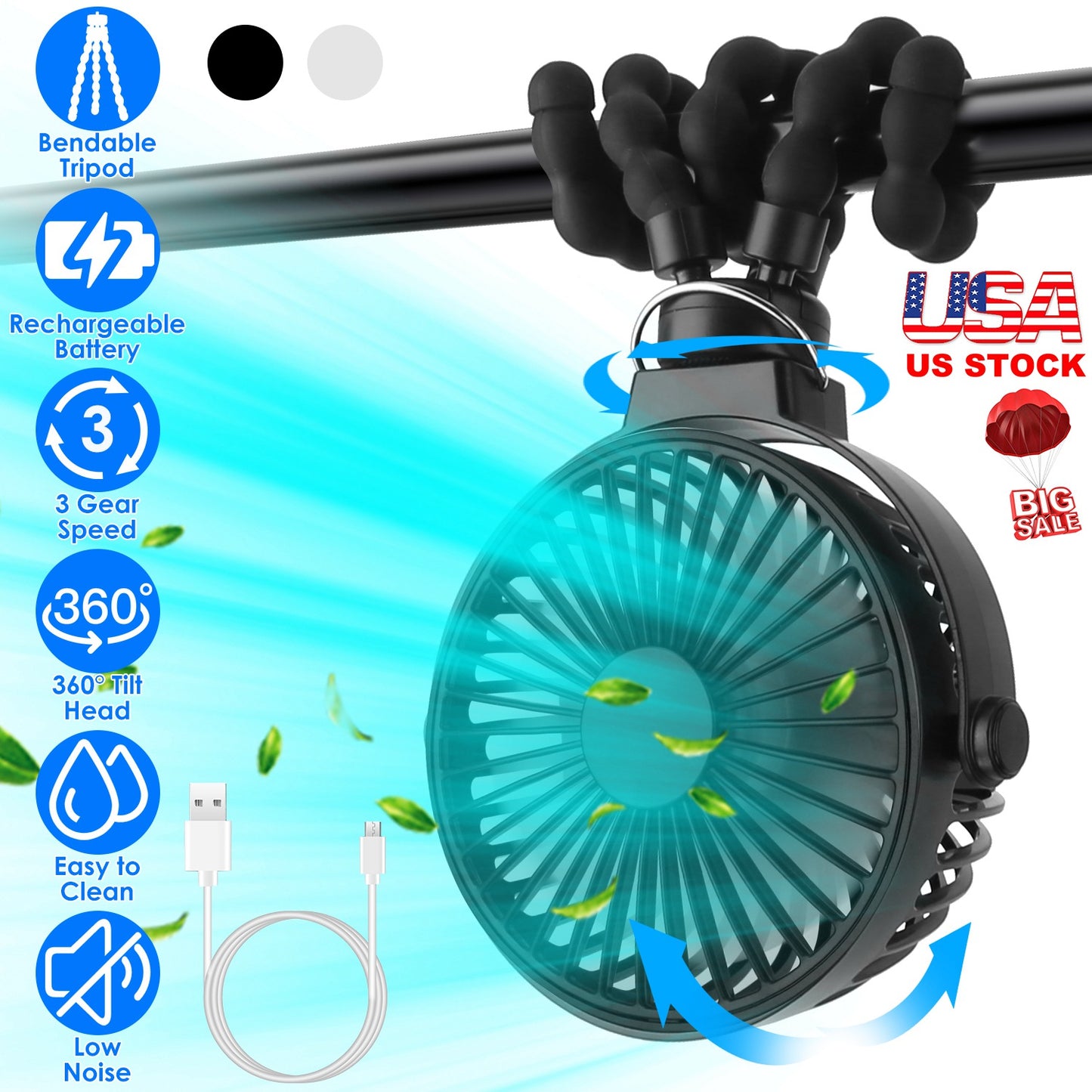 Portable Baby Stroller Fan Rechargeable Handheld Fan with Flexible Tripod Clip On Desktop Hanging Fan 3 Gear Speed 360¡ Tilt Head