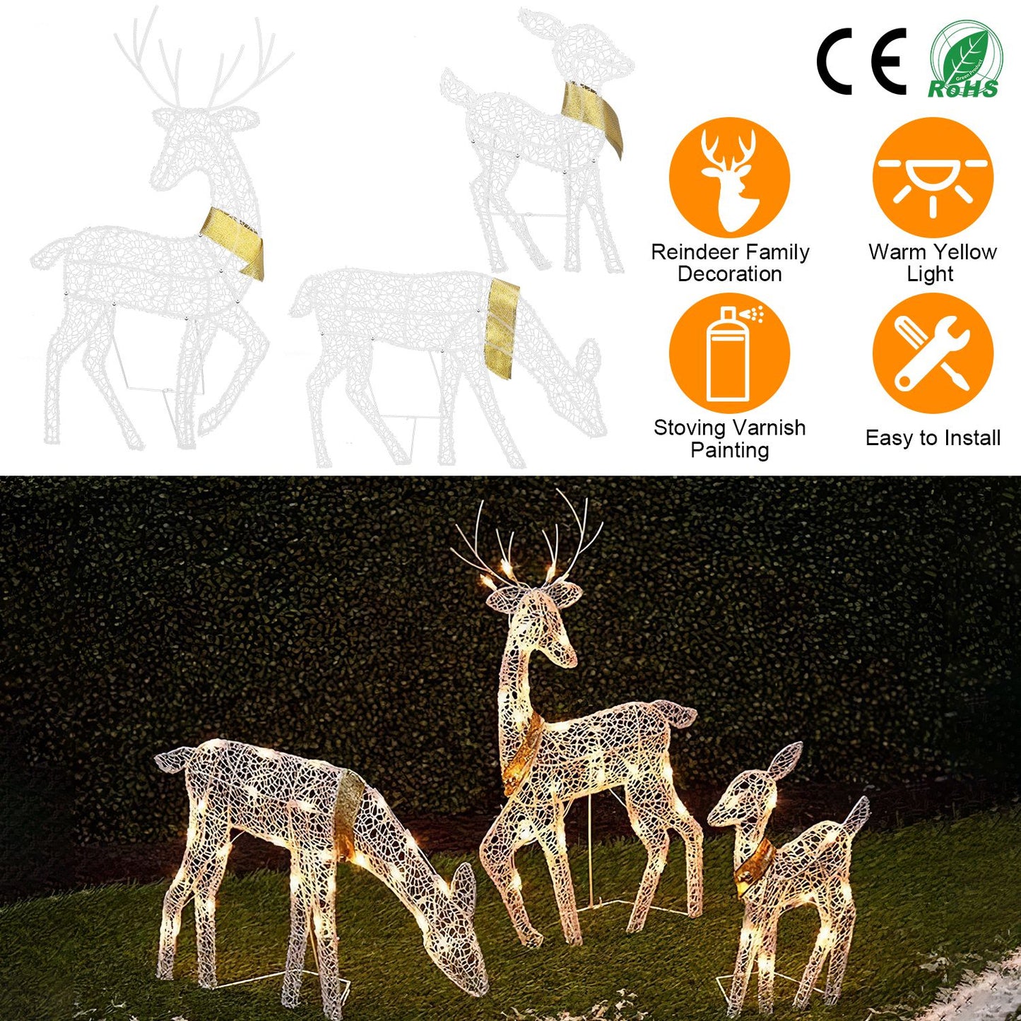 3 Sets of Reindeer Family Lighted 2D Christmas Deer Decoration Warm Yellow Light 3 Lighting Modes Buck Doe Fawn Indoor Outdoor Christmas Decoration
