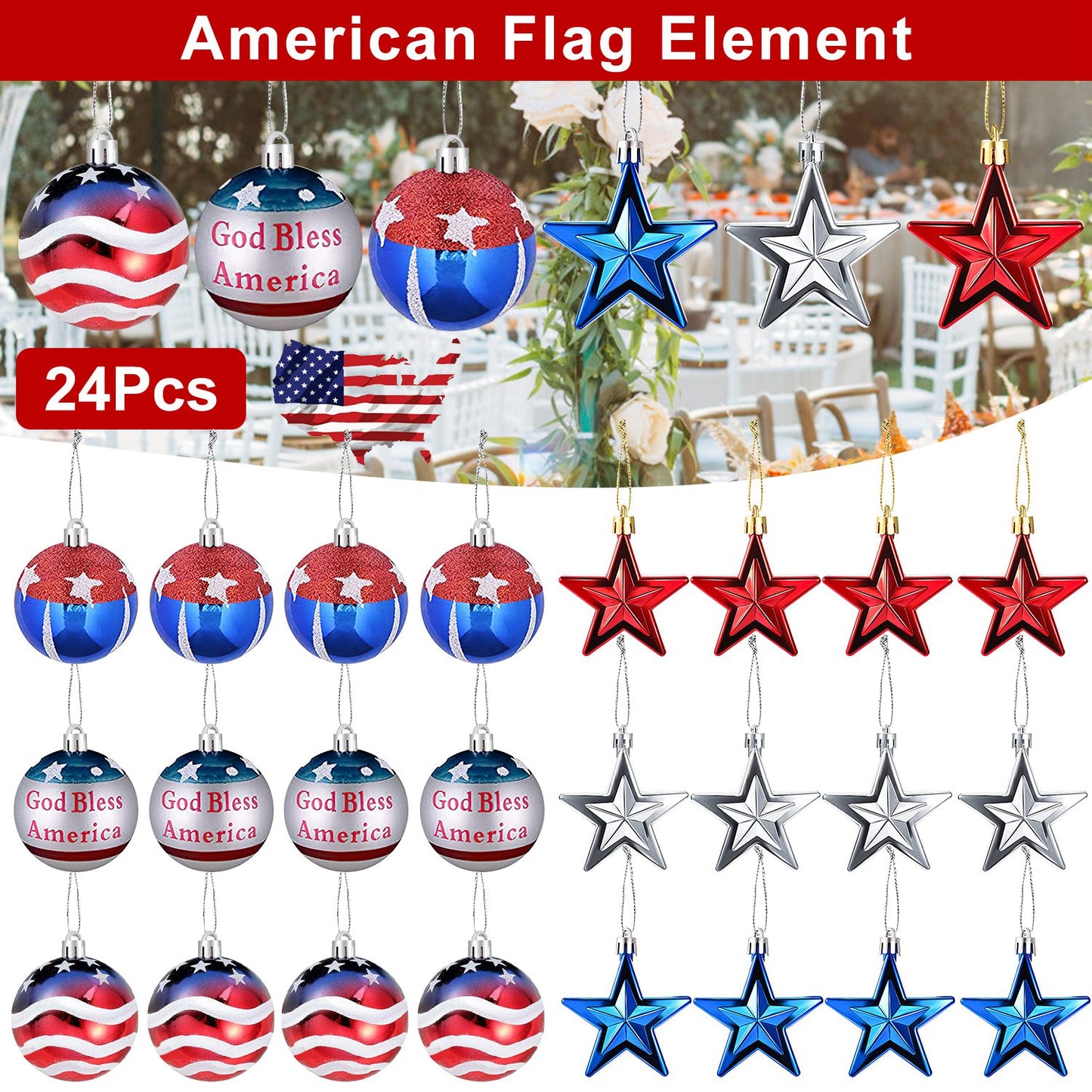 24Pcs Set Hanging Ornaments Ball Star Patriotic Festival Party Decor Independence Day 4th of July Christmas Tree Wall Indoor Outdoor Decoration