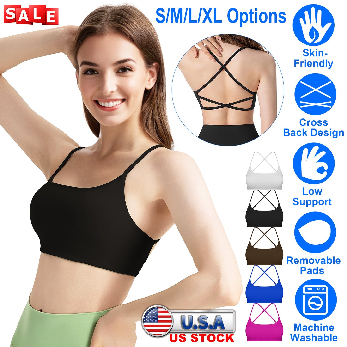 Women Cross Back Sport Bras Padded StrappyÊCrop Open Back Low Impact Bras SexyÊFitnessÊTank Tops with Removable Pads Thin Straps for Gym Yoga Workout