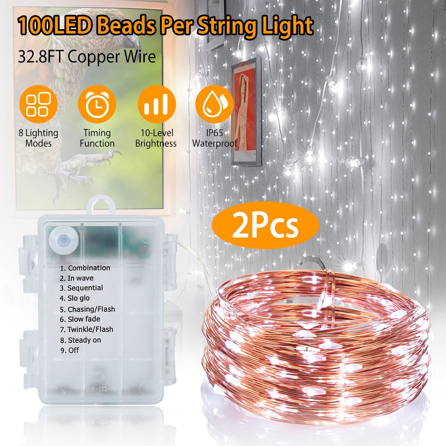 2Pcs LED String Lights 100LED Beads 32.8FT Copper Fairy Lights IP65 Waterproof Battery Operated Flash Lights with Remote Control For Wedding Party Jar