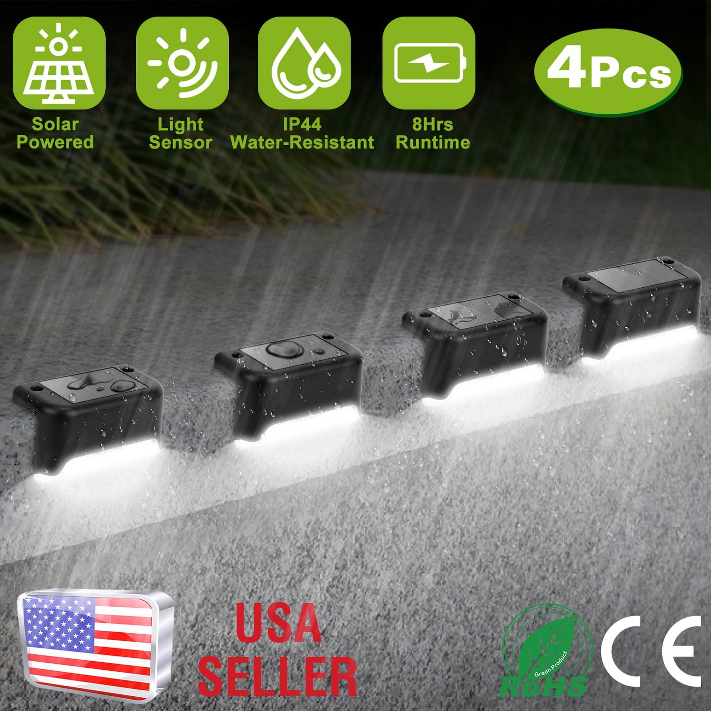 4Pcs Solar Powered LED Step Lights Outdoor Water-Resistant Dusk To Dawn Sensor Fence Lamps For Stairs Yard Railing