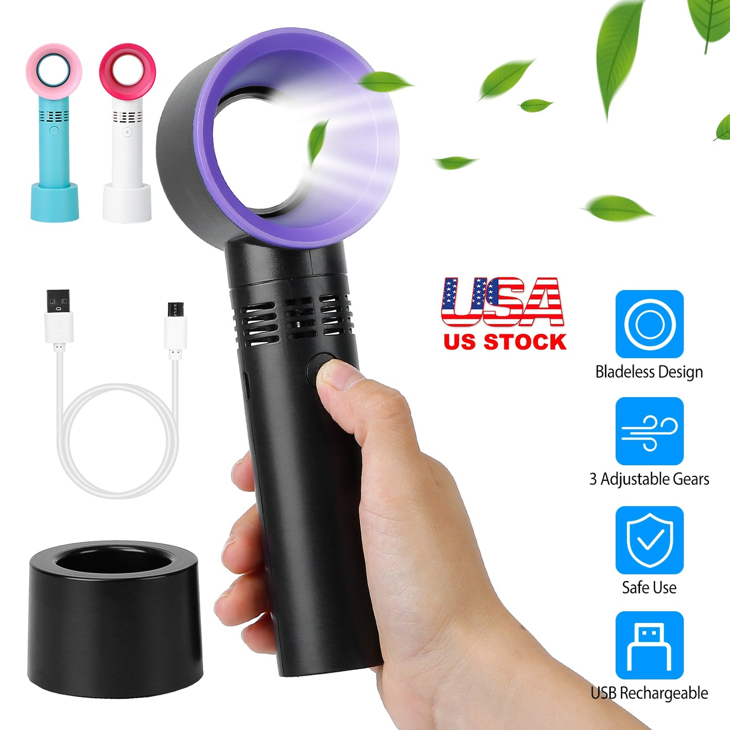 Portable Handheld Bladeless Fan Rechargeable Cooling USB Fan Desktop Use Fan w/ 3 Gears LED Indicator Cooling Fan