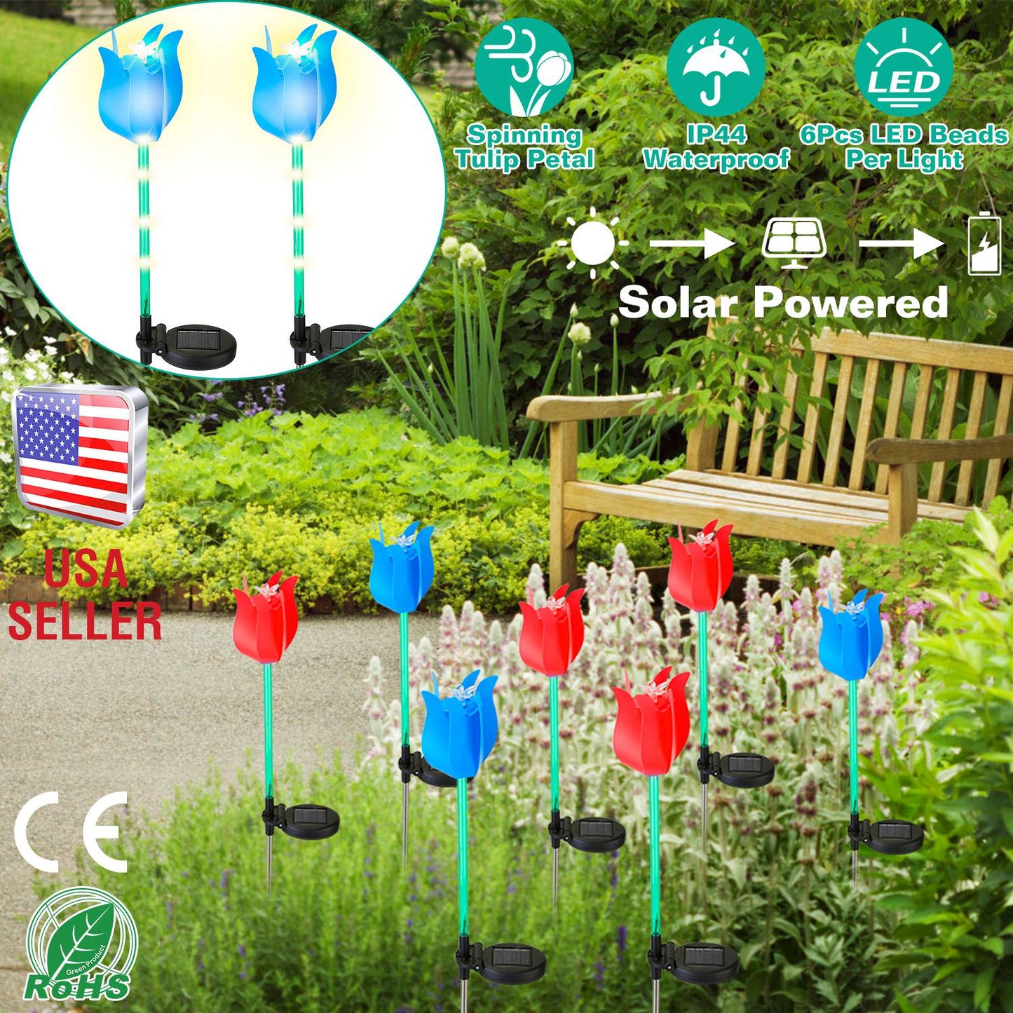 2Pcs Solar Powered Tulip Garden Light Wind Mill Waterproof Landscape Stake Lamp Decorative Lawn Lights For Yard Driveway Walkway Patio