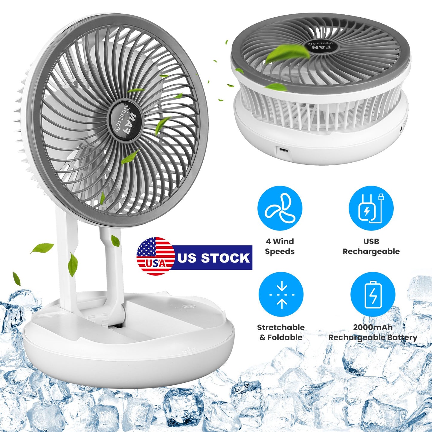 All in 1 Folding Desk Fan USB Desk Fan Small Stretchable Fan with 4 Wind Speeds Hanging Desktop Wall Mounted for Bedroom Dormitory Office Travel Campi