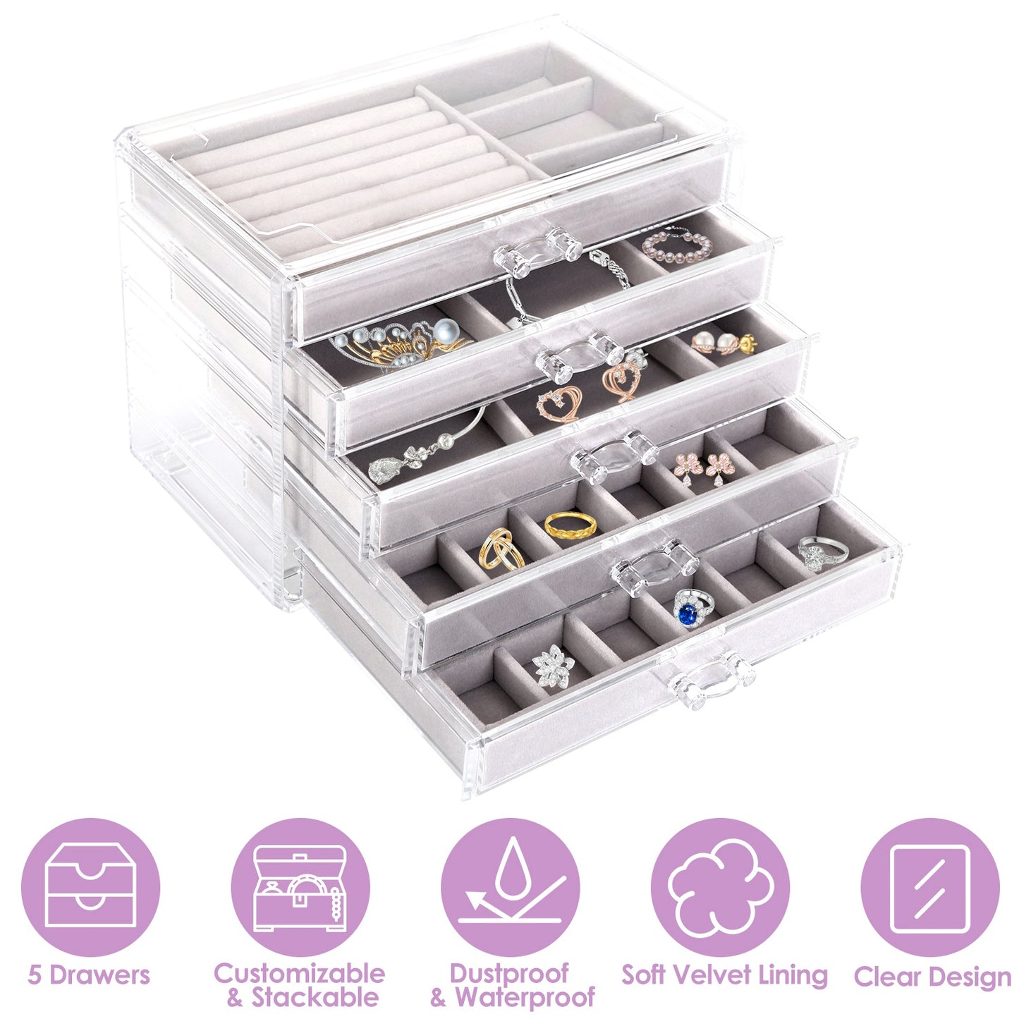 Clear Acrylic Jewelry Box Organizer with 5 Drawers Stackable Jewelry Holder Velvet Storage Case for Earrings Rings Bracelets Necklaces Ideal Gift for