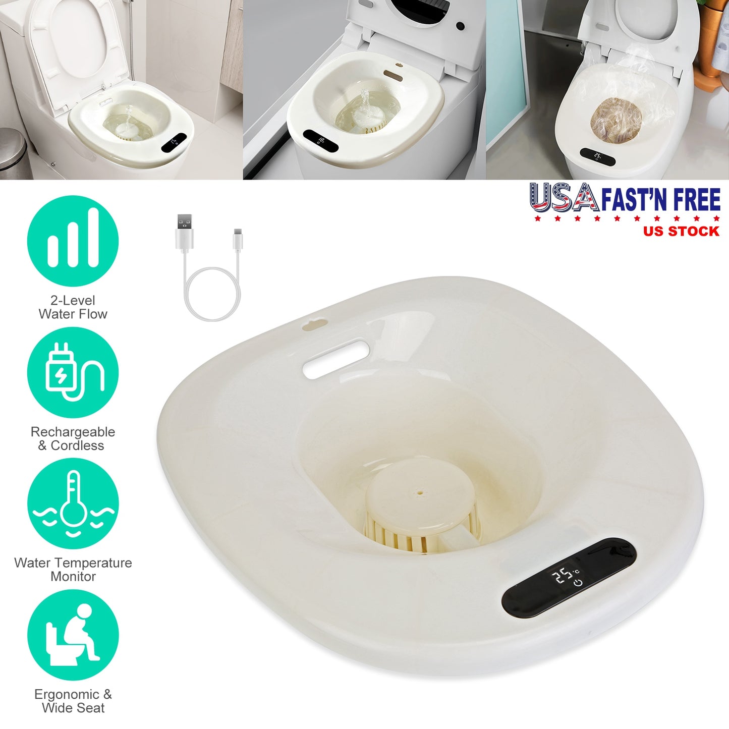 Electric Sitz Bath Tub Sits Bath Soak Pan Salts BowlÊPostpartum Care Basin for Toilet Seat with 2-Level Water Flow Water Temperature DisplayÊ1500mAh B