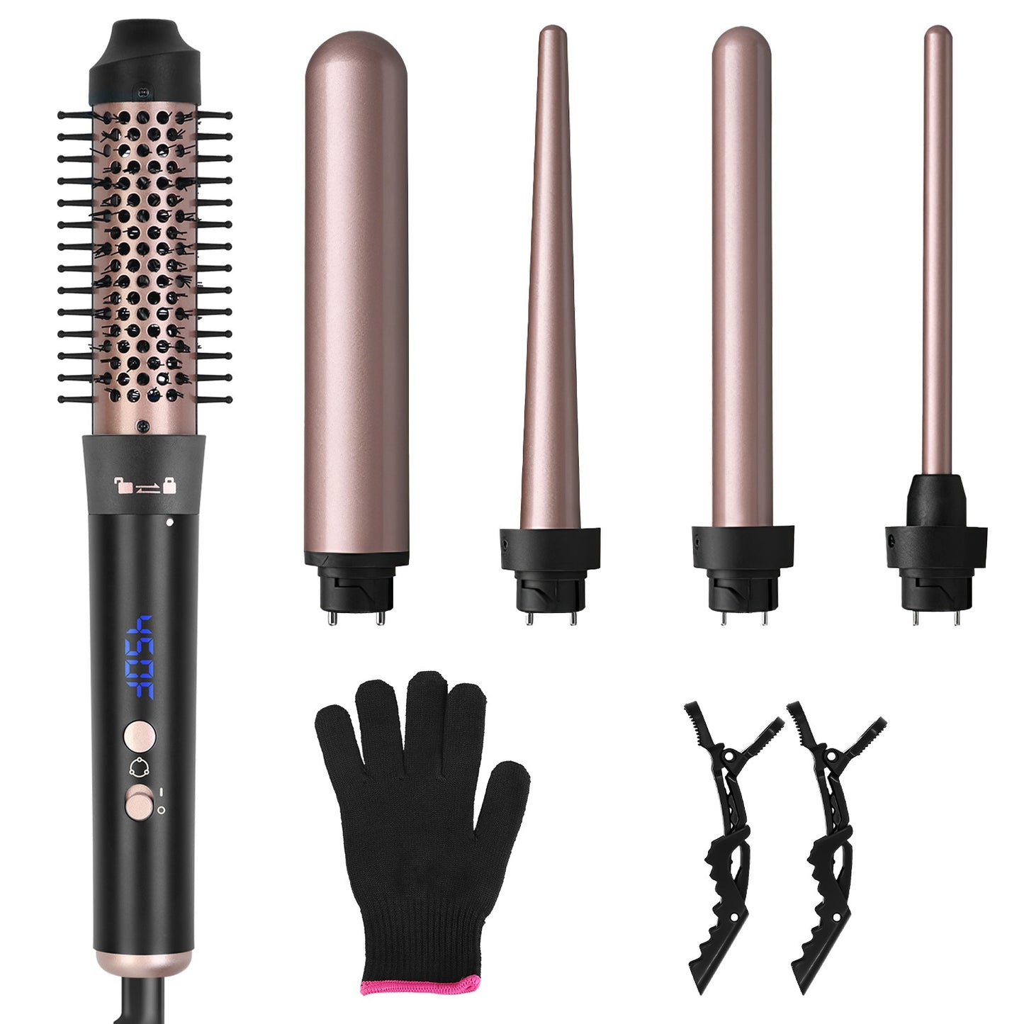 5 in 1 Curling Wand Hair Curling Iron Brush Hair Thermal Brush Curler with 4 Heating Levels 360¡ Rotatable Cable 5 Interchangeable Barrels 2 Clips Lea