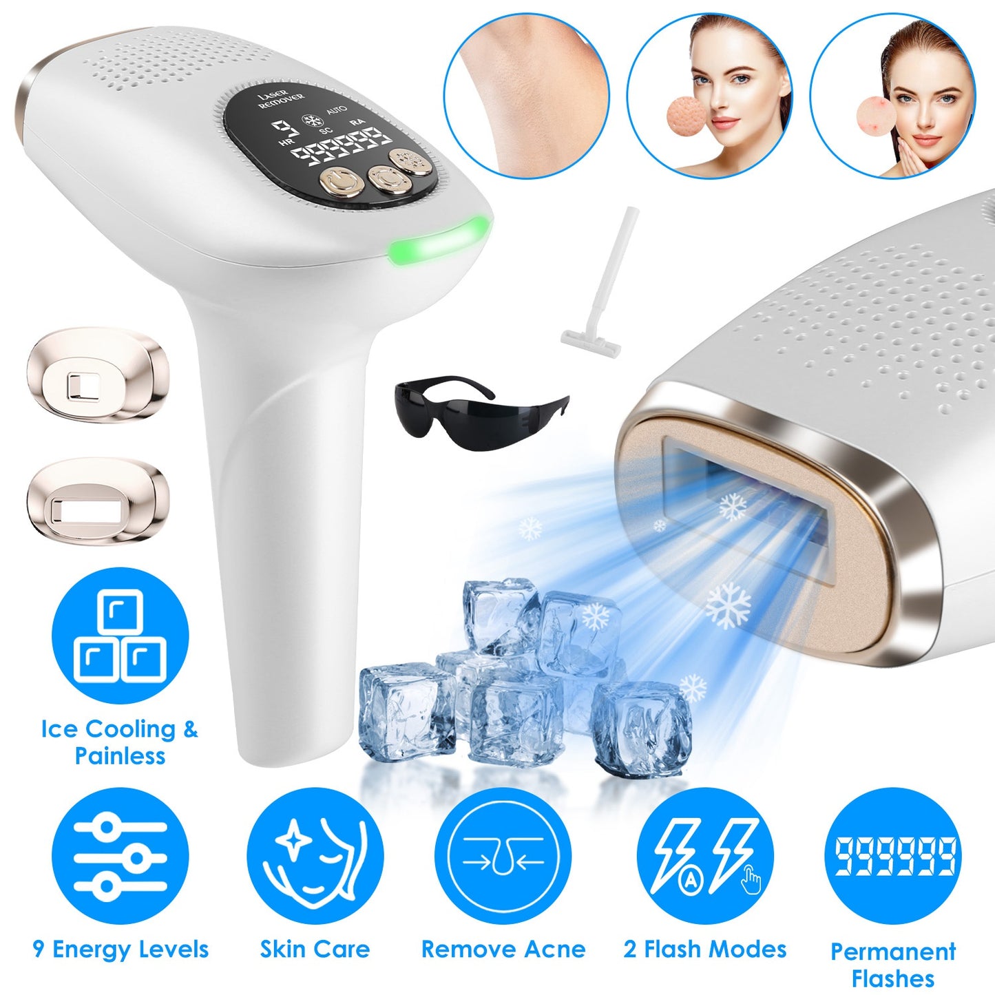 3 In 1 Ice Cooling Laser Hair Removal Painless Permanent At-Home IPL Hair Removal with 999,999 Flashes 9 Energy Levels 2 Flash Modes for Armpits Legs