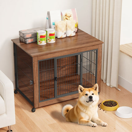 Dog Crate Furniture with Lockable Wheels & Dual Doors