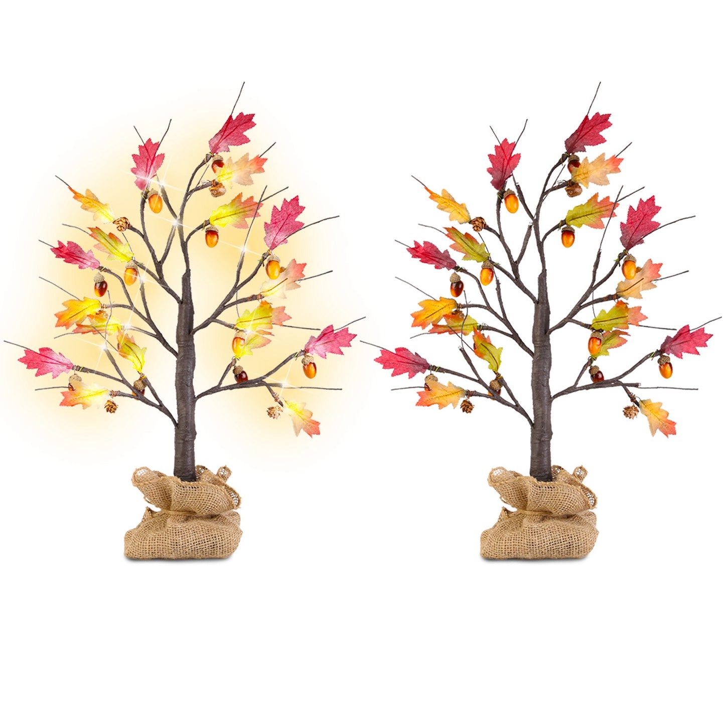 2Pcs 2FT Artificial Lighted Maple Tree With 24Pcs Warm White LED Beads 6Hrs Timer Battery Powered Artificial Fall Tree Tabletop Indoor Outdoor Fall De