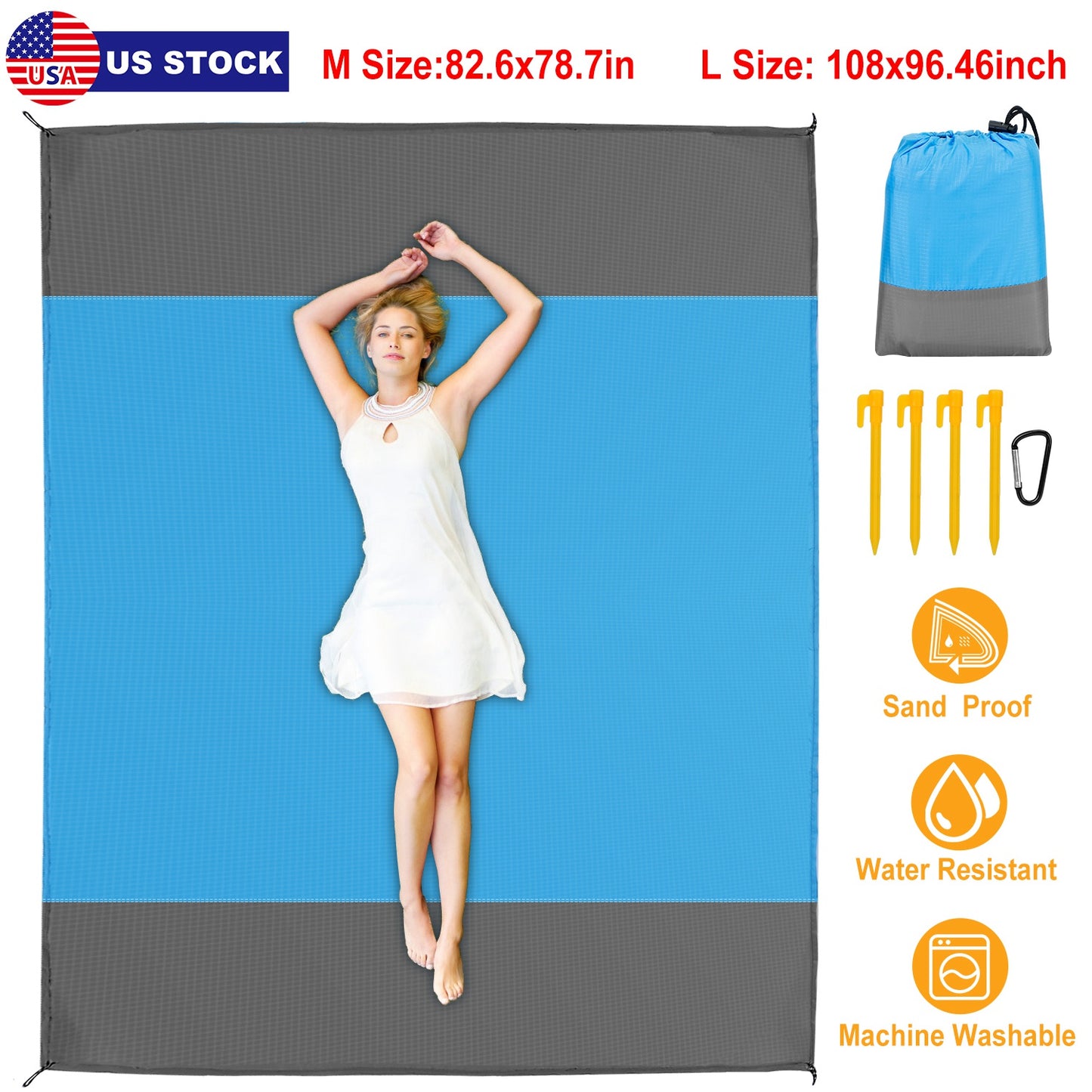 82.6x78.7in Sand Proof Picnic Blanket Water Resistant Foldable Camping Beach Mat w/ 4 Anchors 1 Carry Bag For 2-3 People