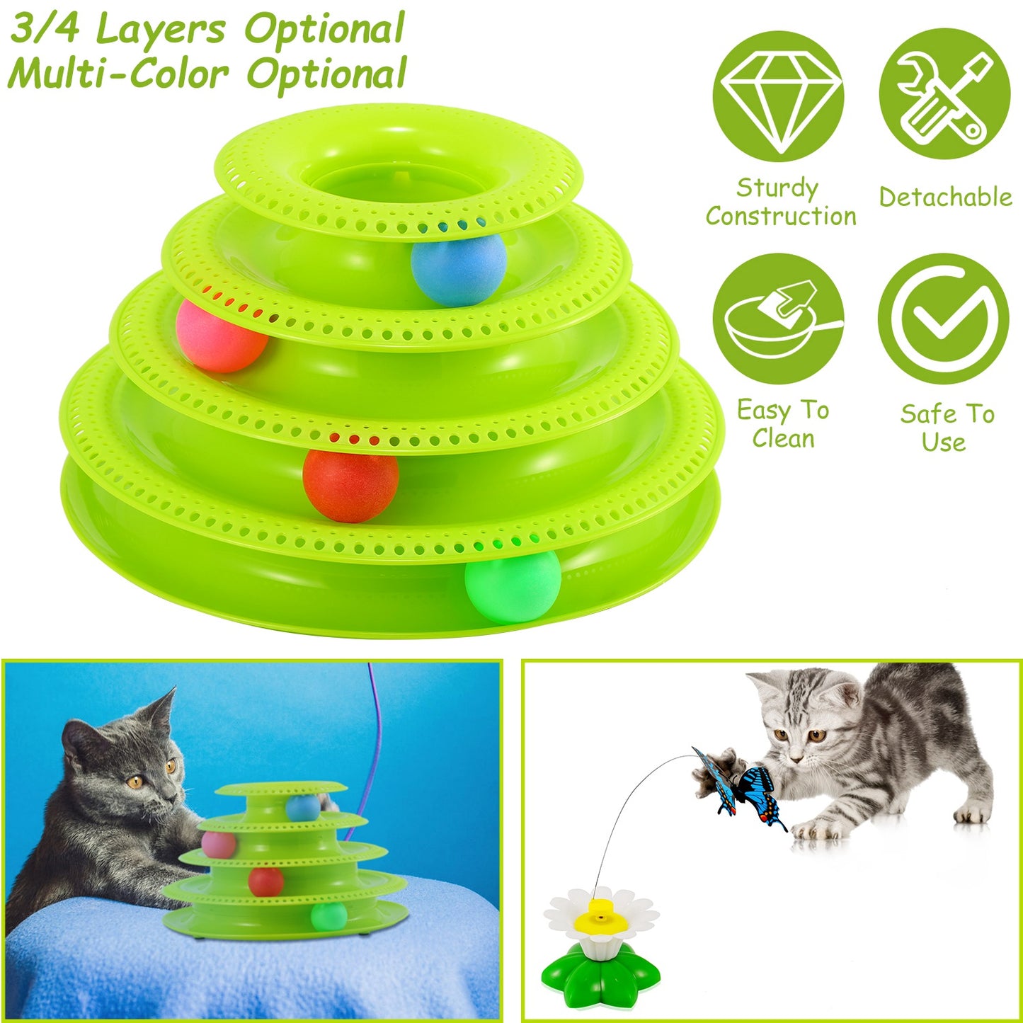 Cat Track Tower Toys 4-Layer Ball Track Interactive Cat Toys Electric Rotate Butterfly Birds