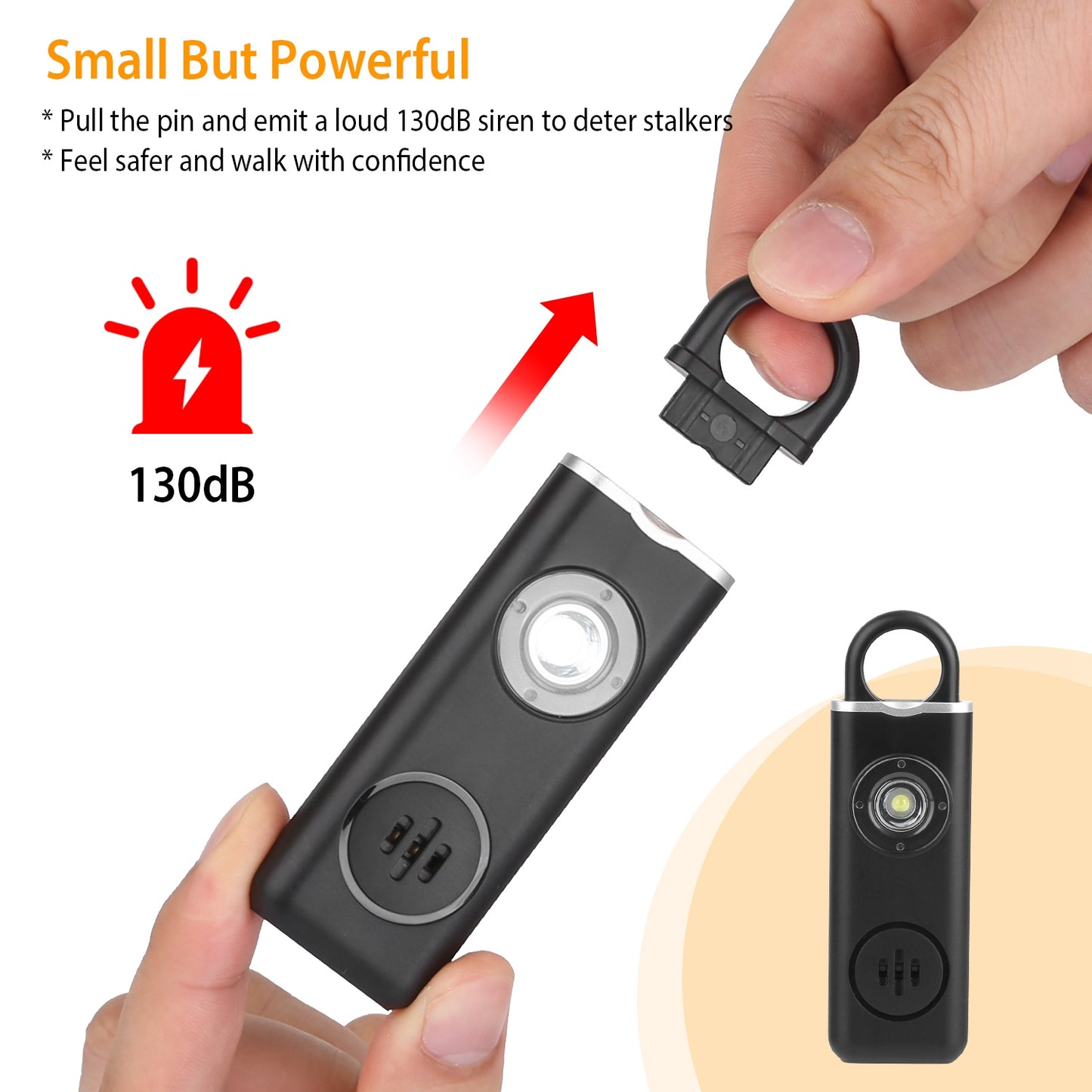 Rechargeable Personal Safety Alarm Portable 130dB Self-defense Siren with Strobe Light LED Light Carabiner Emergency Escape Tool for Women Kids Elderl