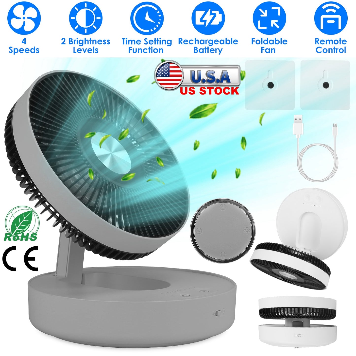 Foldable Rechargeable LED Desk Fan Wall Mounted Fan with Magnetic Remote Hanging Oscillating Fan with 4 Speeds 2 Brightness Time Setting Automatic Rot
