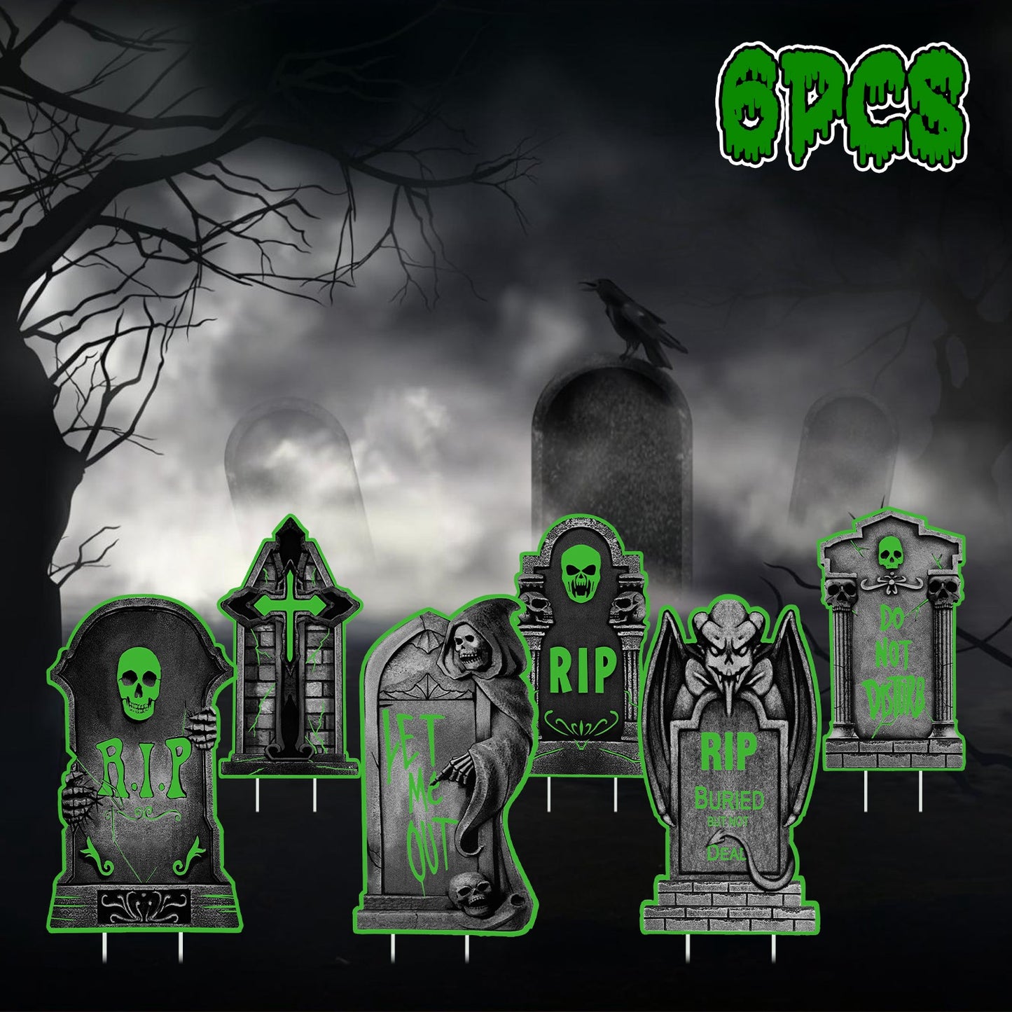 Halloween Tombstone Yard Sign Decorations 6Pcs Glow in the Dark Halloween RIP Tombstone Fluorescence Lawn Sign with 12 Stakes for Haunted House Garden