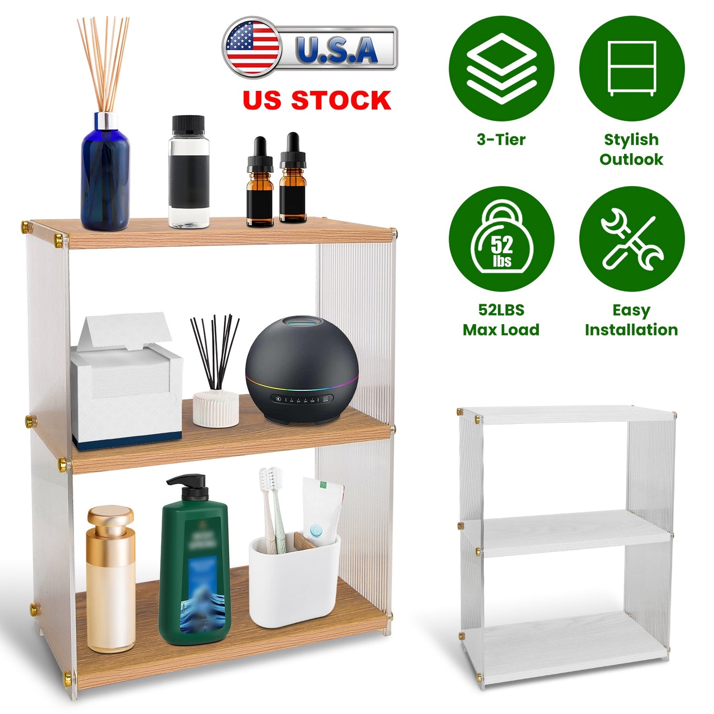 3-Tier Acrylic Countertop Organizer Bathroom Wood Counter Storage Rack Standing Vanity Cosmetics Shelf Cup Holder Desk Display Shelves