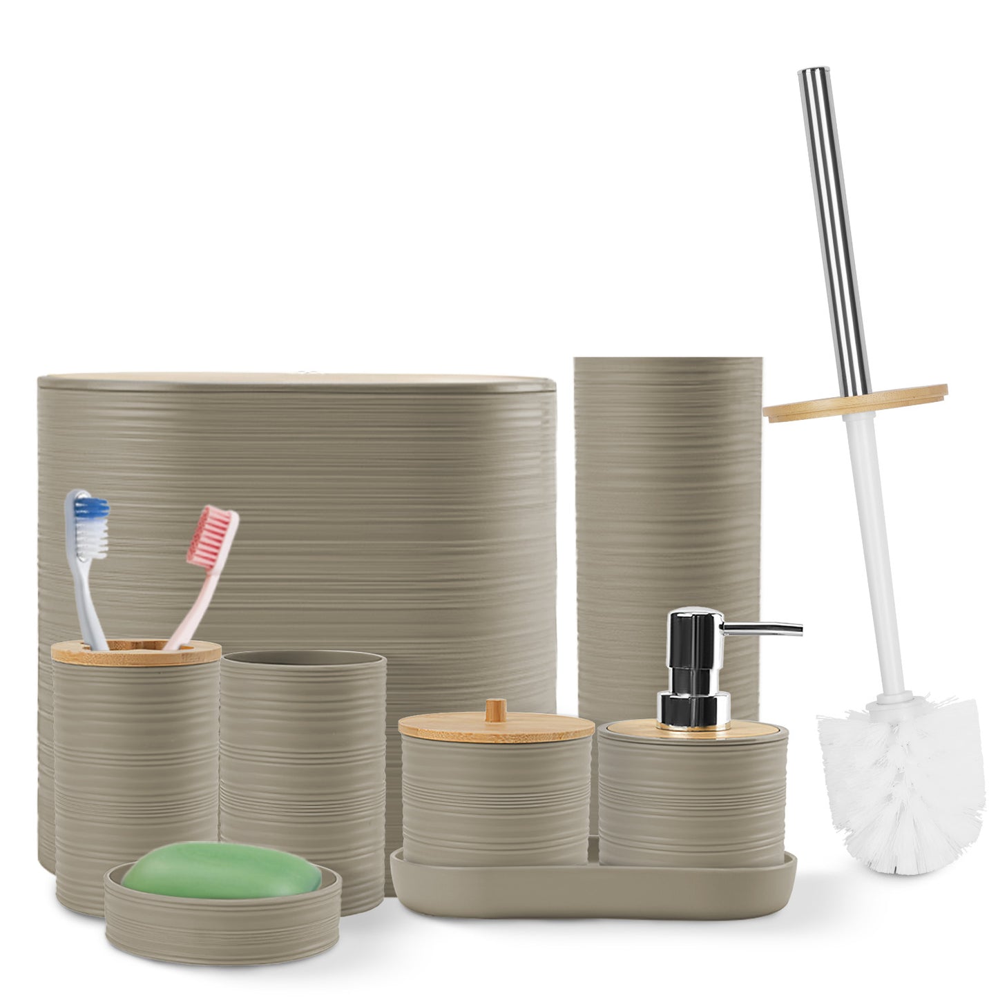 8Pcs Bathroom Accessories Set Bathroom Holder Set with Soap Dispenser Toothbrush Holder Cup Soap Dish Toilet Cleaning Brush Trash Can Qtip Holder Vani