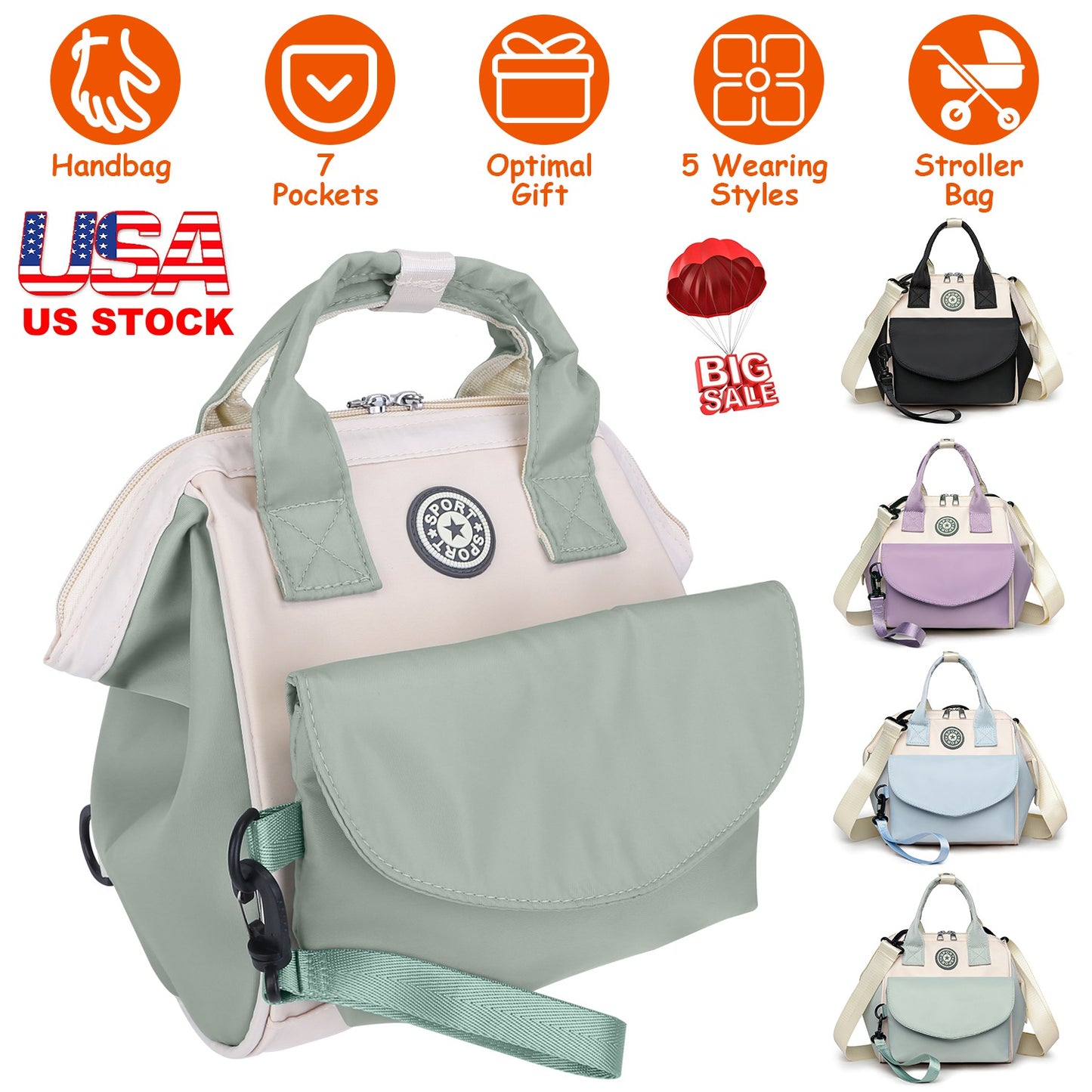 Baby Nappy Diaper Bag with 6 Pockets Burp Cloth Adjustable Shoulder Strap Detachable Small Bag Multifunctional Diaper Changing Bag with 2 Insulated Po