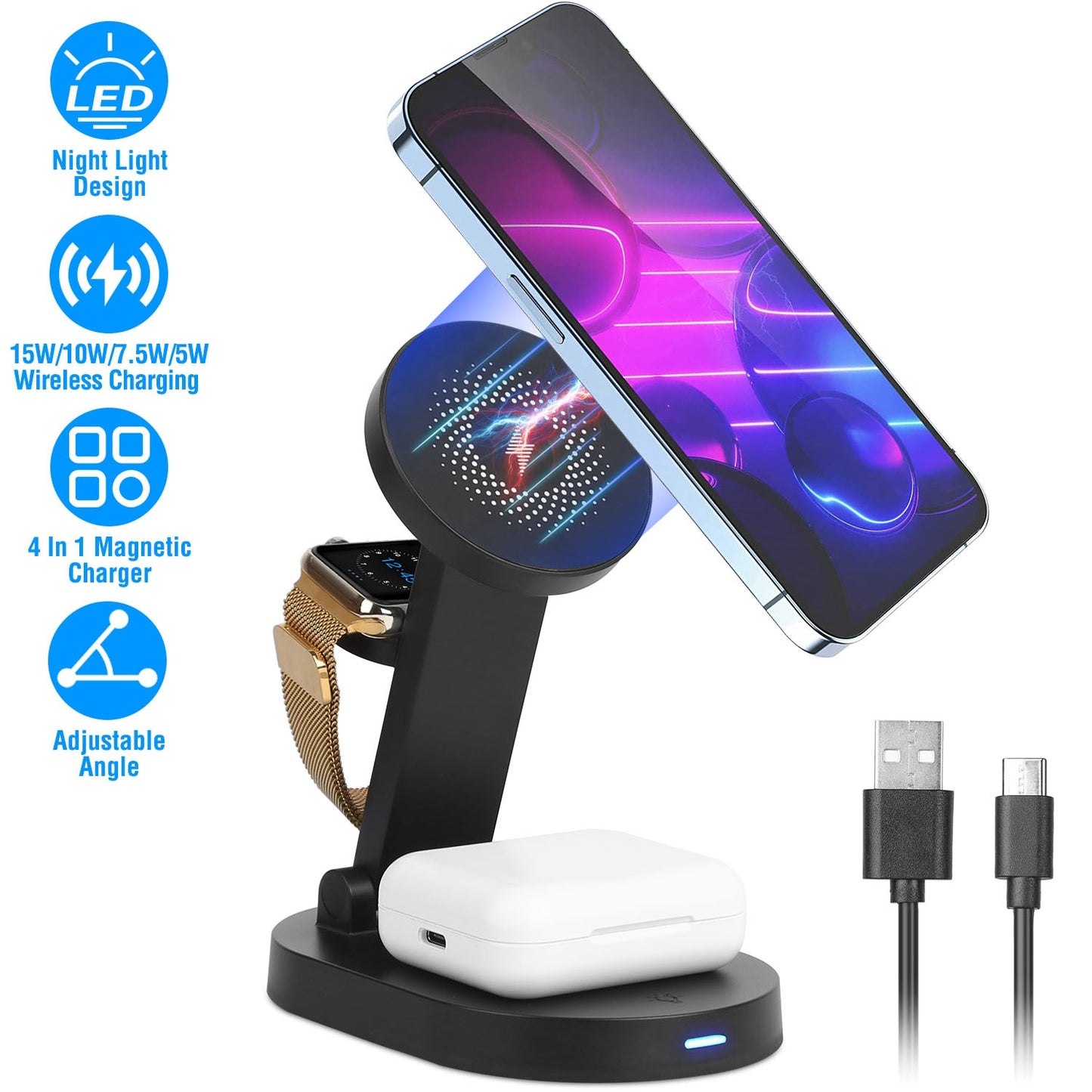 4 In 1 Magnetic Wireless Charging Station Dock Charger 15W Foldable Fast Charging Stand Fit for iPhone 13 12 Pro Pro Max Mini iWatch 7 6 5 4 3 2 1 Air
