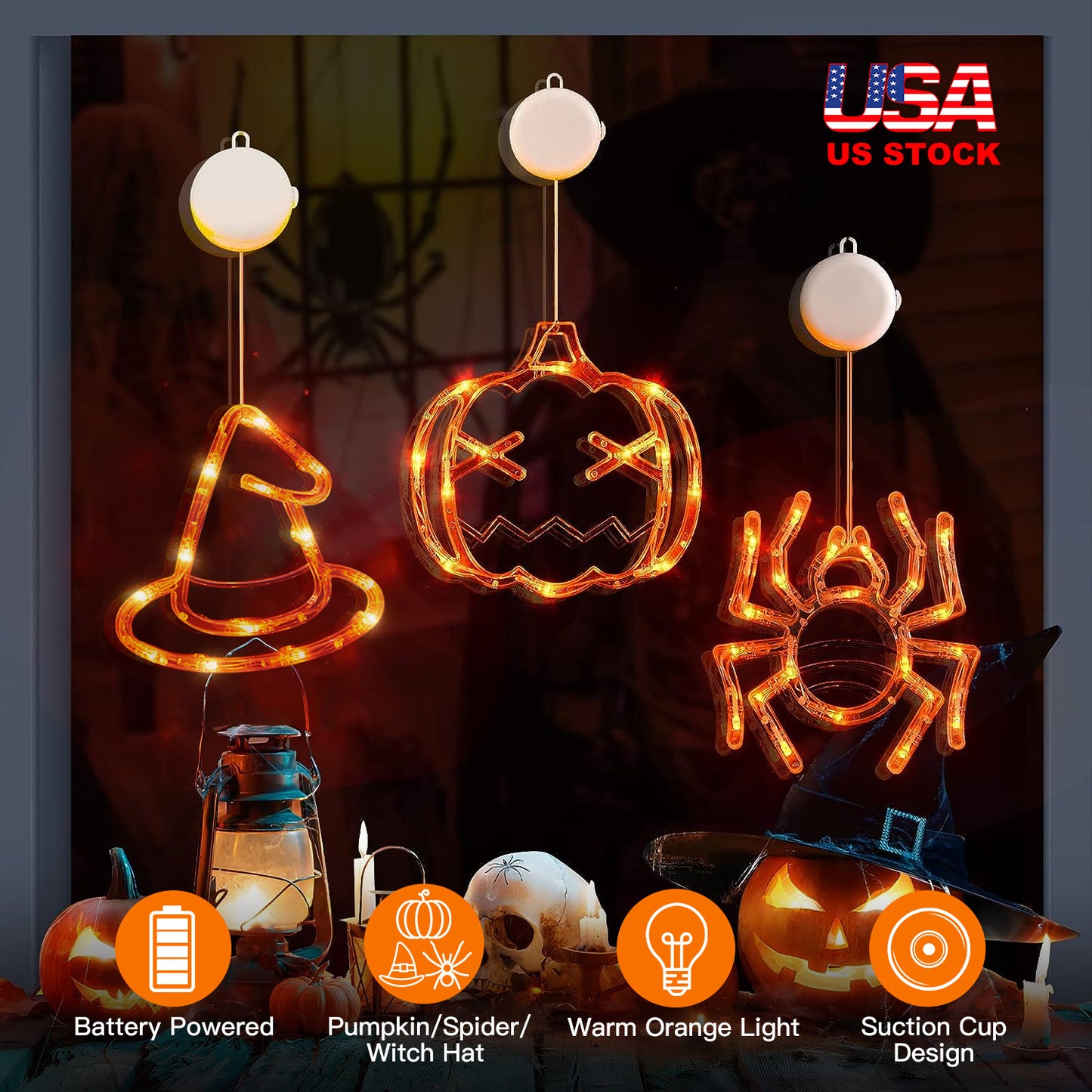 3 Pack Halloween Window Light Spider Witch Hat Pumpkin with Orange Light Hanging Halloween Decoration Light with Suction Cup Hanging Holes