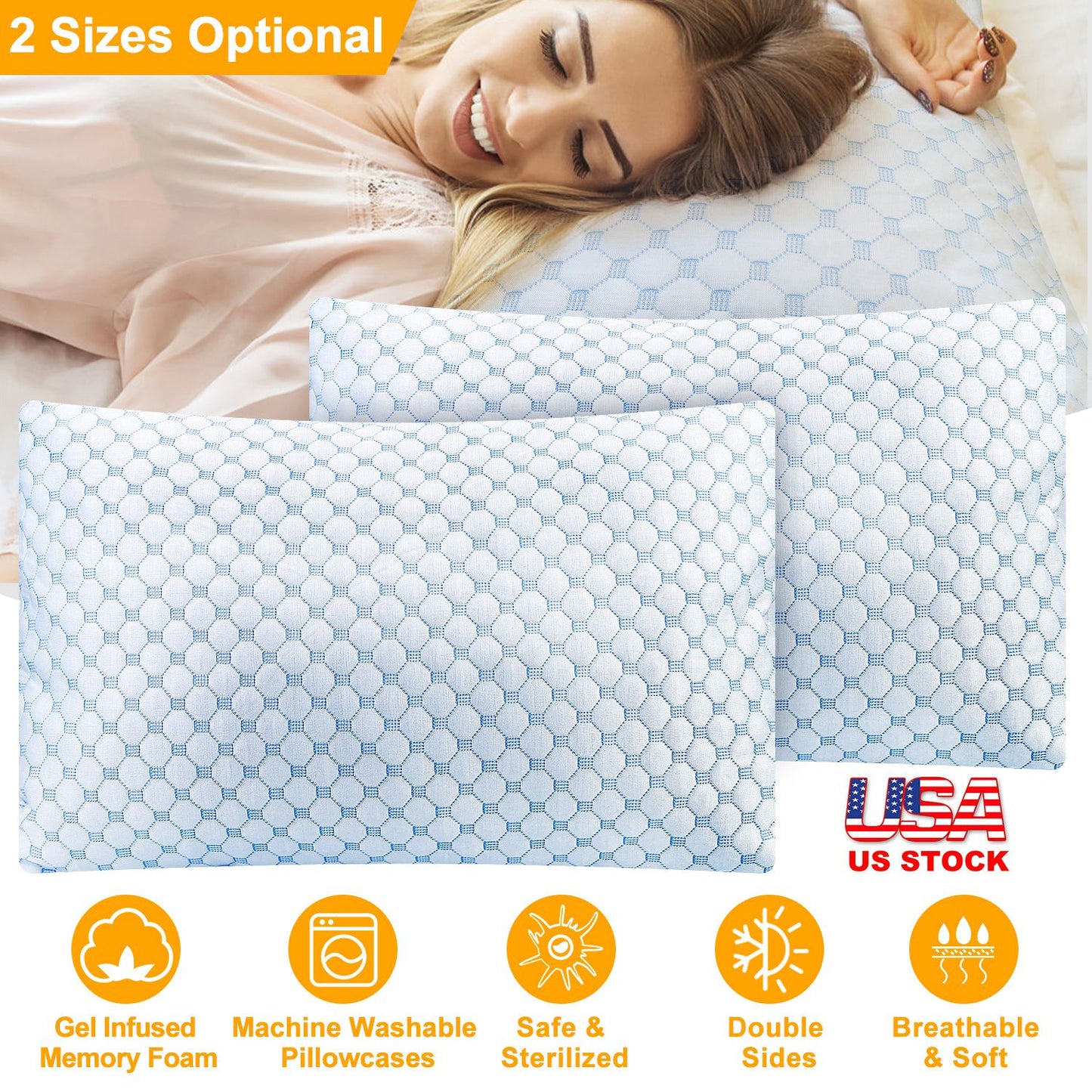 Cooling Memory Foam Pillow Ventilated Soft Bed Pillow w/ Cooling Gel Infused Memory Foam Heat Moisture Reducing Cooling Fiber Breathable Machine Washa