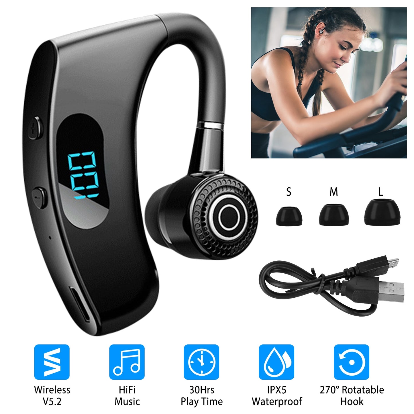 Unilateral Wireless V5.2 Earpiece Rechargeable Wireless in-Ear Headset with Hook for Car Driving Phone Call Office