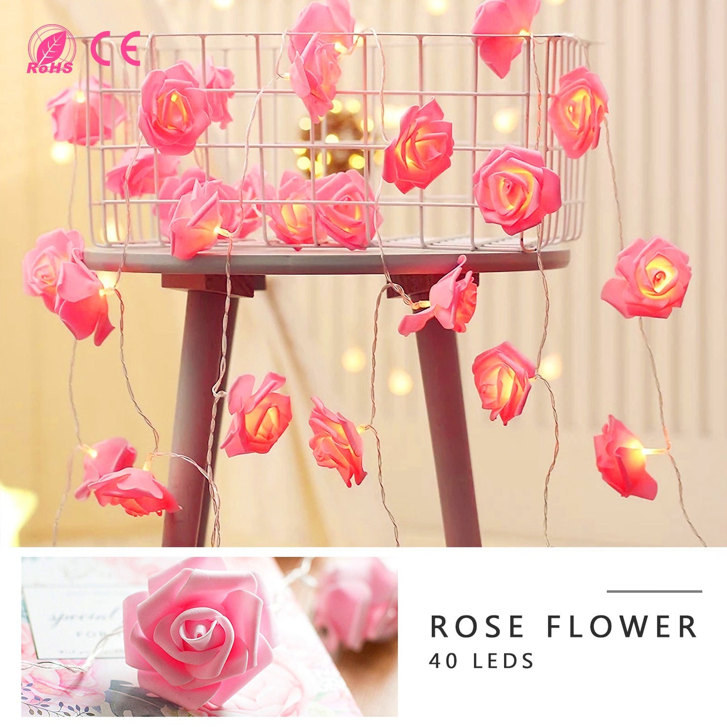40 LEDs Rose Flower String Lights 10ft/3m Battery Operated Decorative Lights for Anniversary Valentine\'s Wedding Bedroom