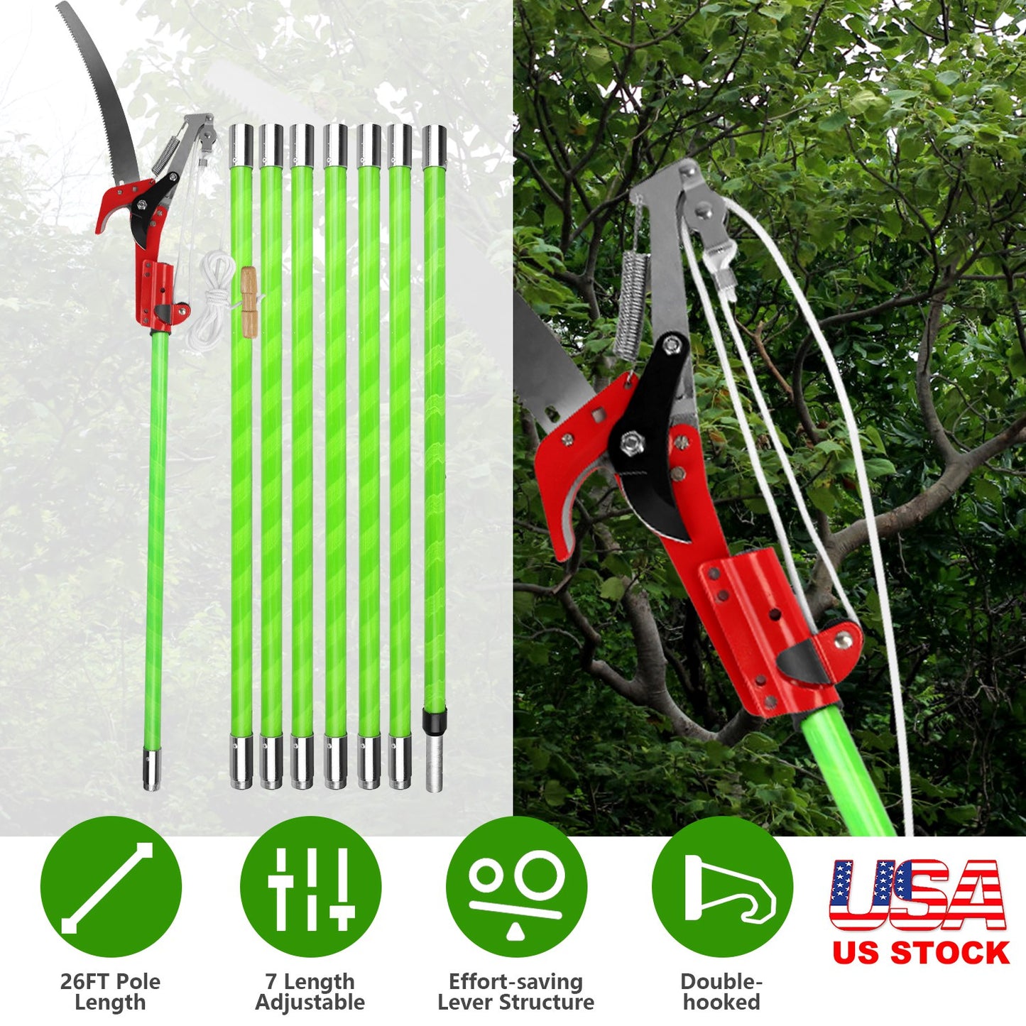 2 In 1 Extra Long Manual Pole Saw 8.23-28.25FT Extendable Tree Pruner for High Branches with Pruner Scissors 2 Double-hooked Saw Blades Goggles Gloves