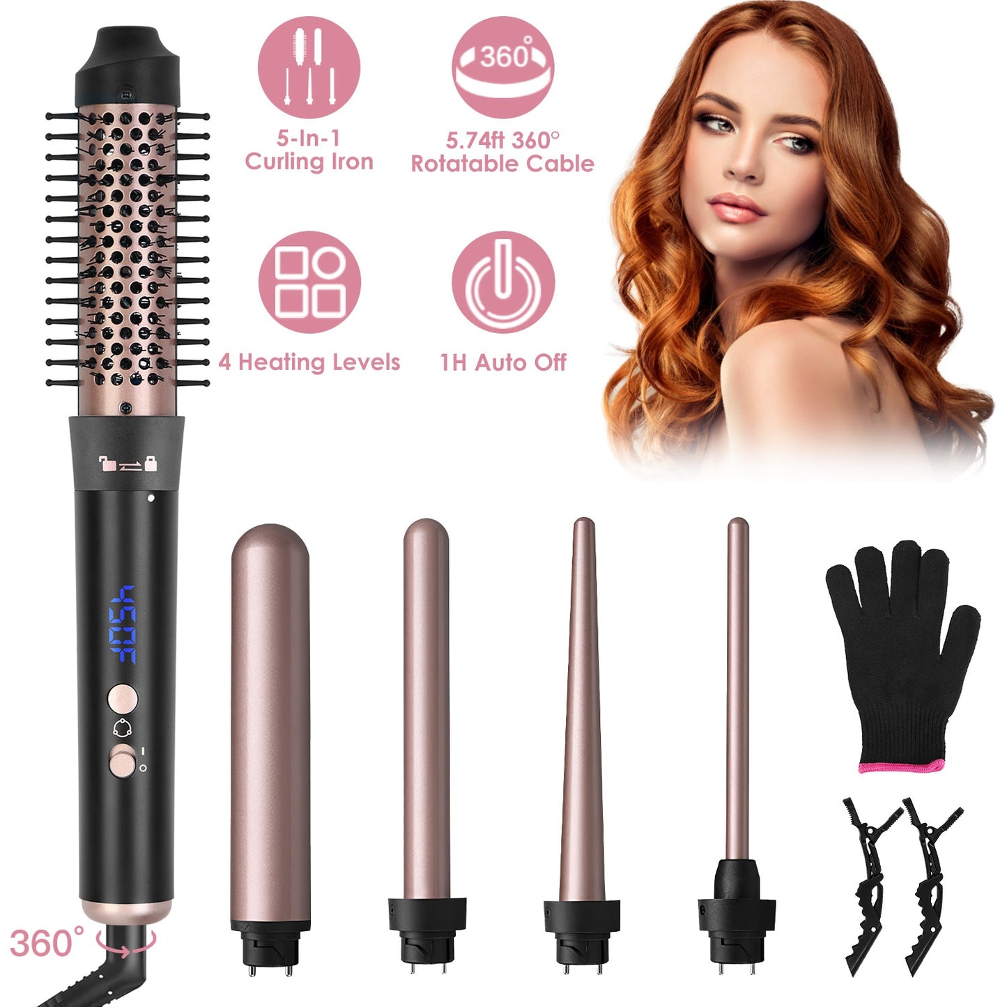 5 in 1 Curling Wand Hair Curling Iron Brush Anti-Tangle HairÊThermal Brush Curler with 4 Heating Levels 360¡ Rotatable Cable 5 Interchangeable Barrels