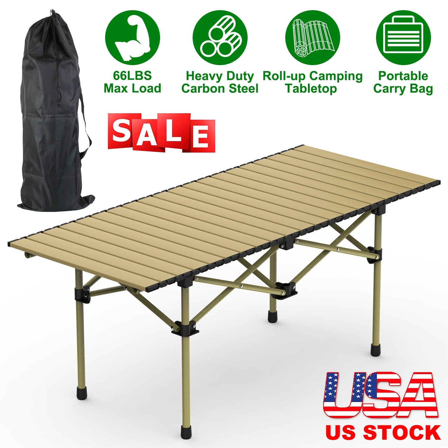 Folding Camping Table Portable Lightweight Carbon Steel Roll-up Picnic BBQ Desk with Carry Bag Heavy Duty for Outdoor Beach Backyard Party Patio Campi