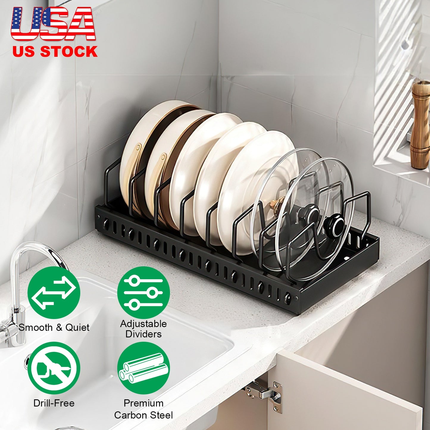 Pull Out Pots And Pans Organizer Under Cabinet With 8 Adjustable Dividers Rustproof Carbon Steel Sliding Pots Holder For Kitchen Cookware Bakeware Pot