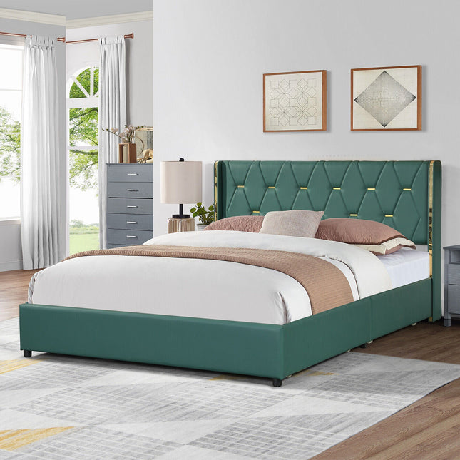 Full/Queen Size Upholstered Bed Frame with 4 Drawers-Green