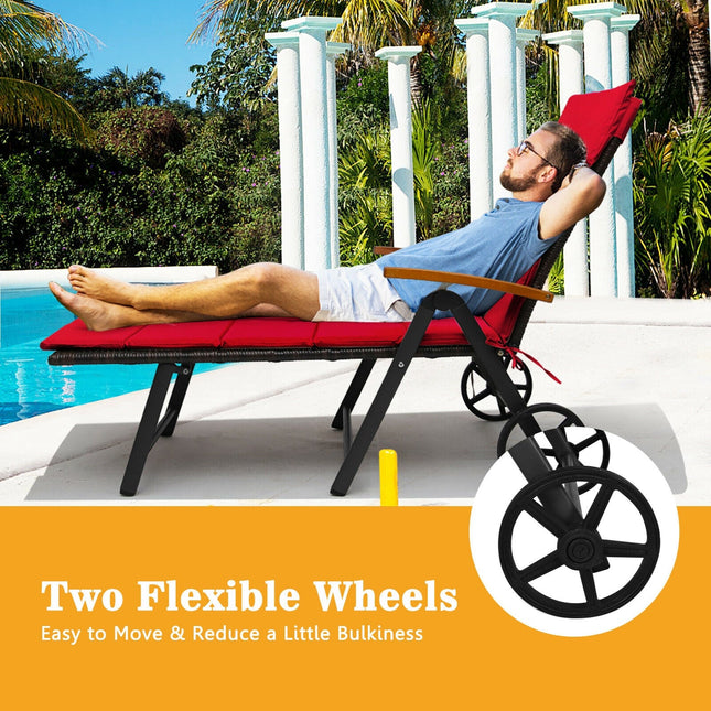 Folding Patio Rattan Lounge Chair with Wheels-Red