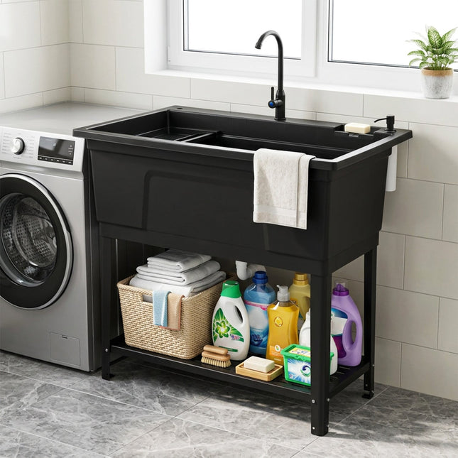 100L Utility Sink with Rotating Faucet and Storage Shelf