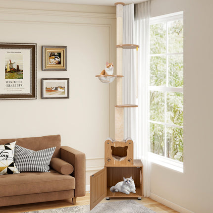 101 Inch Floor to Ceiling Cat Tree Height Adjustable with Litter Box Enclosure-Brown