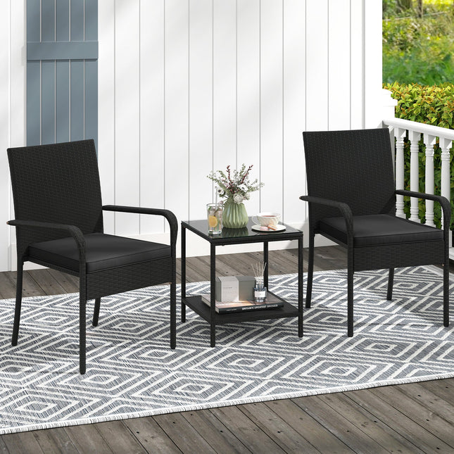 3 Piece Patio Furniture Set with Seat Cushions and Tempered Glass Tabletop