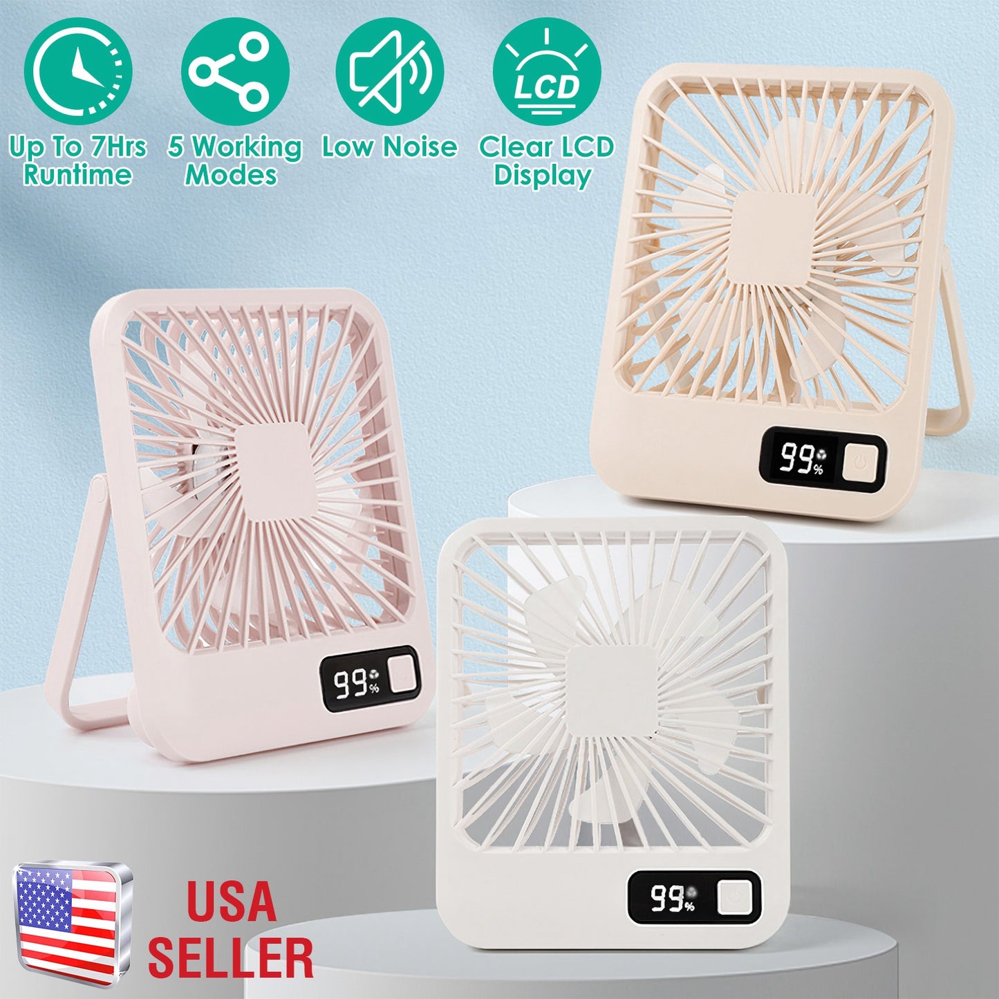 Mini Desktop Cooling Fan Rechargeable Battery Powered Personal Fan Speed Adjustment Strong Airflow Quiet Travel Fan with LCD Display for Home Office T