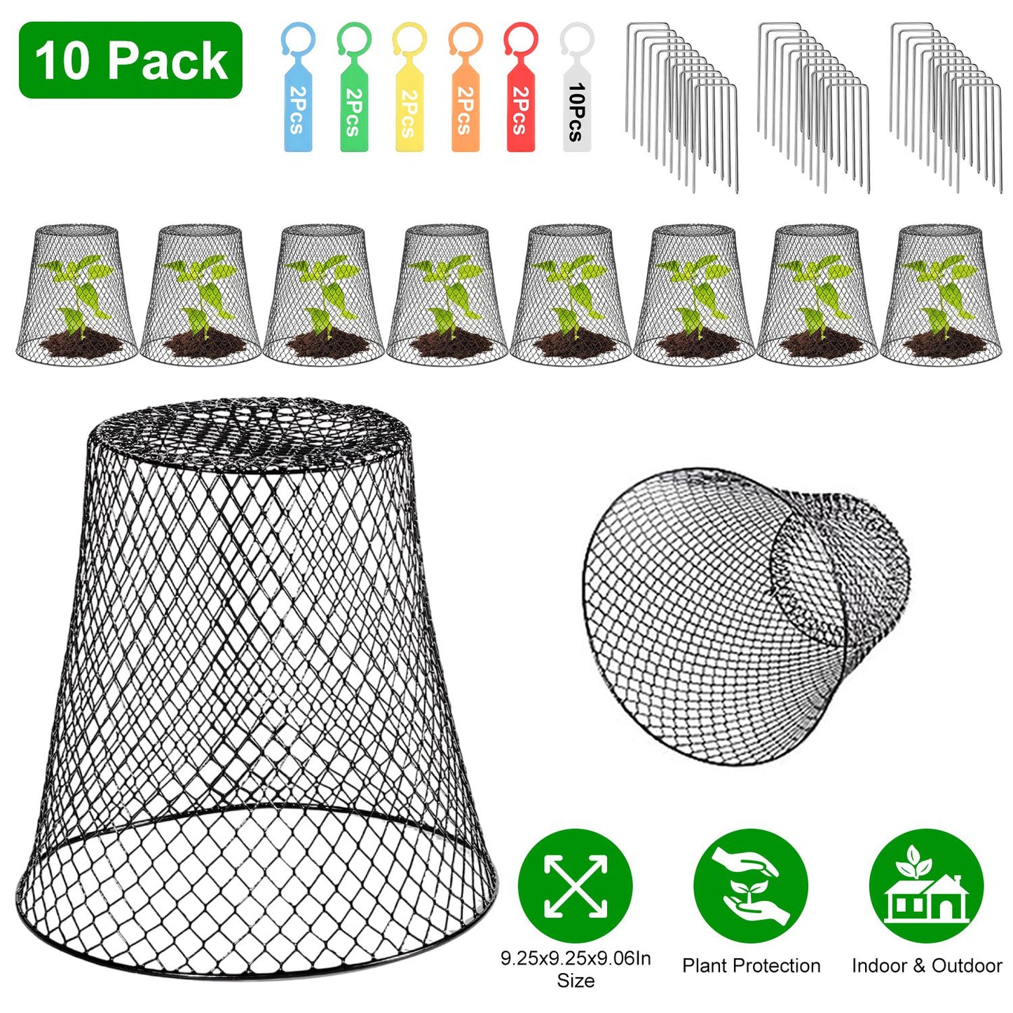 10Pack 9.25x9.25in Chicken Wire Cloches Plant Covers Metal Garden Cages Heavy Duty Plant Protectors with 30 Stakes 20 Labels Keep Bunnies Chicken Squi