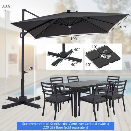 10 FT Cantilever Patio Umbrella with Solar LED Lights for Pool and Garden