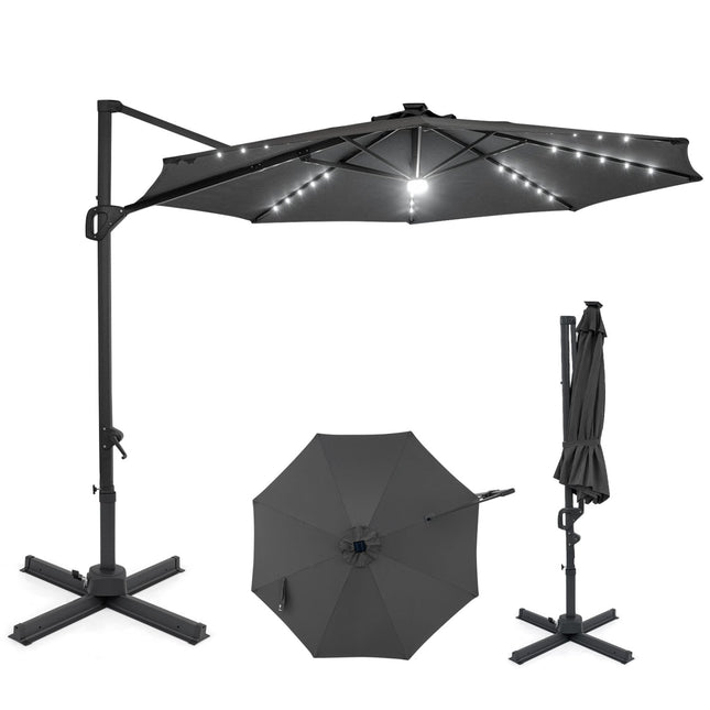 10 FT Cantilever Patio Umbrella with Solar LED Lights 360° Rotation