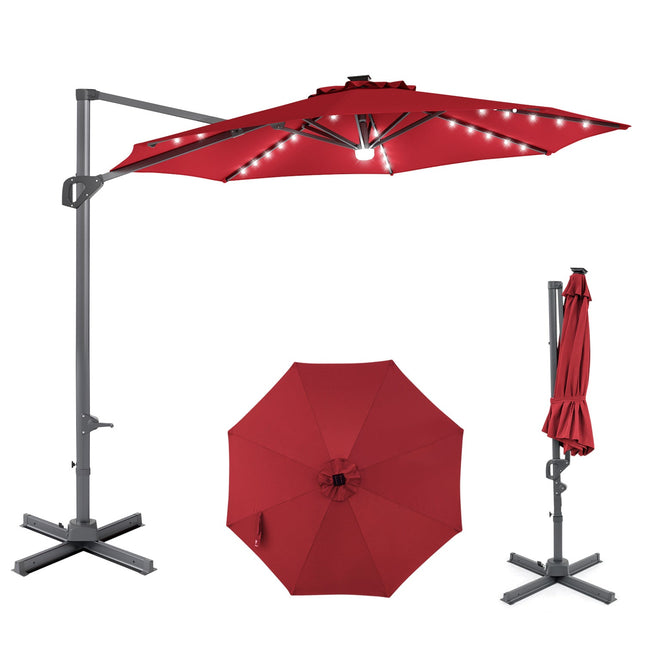 10 FT Cantilever Patio Umbrella with Solar LED Lights 360° Rotation