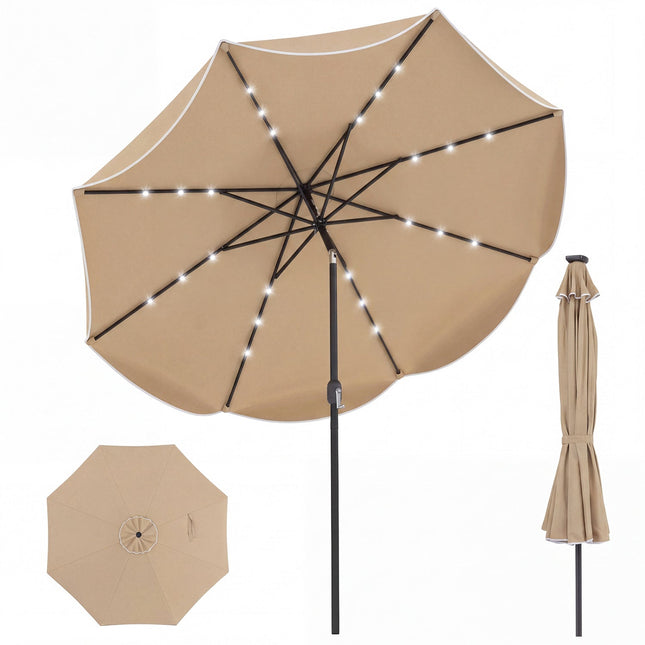 10 FT Scalloped Solar Patio Umbrella with 24 LED Lights and Tilt Adjustment