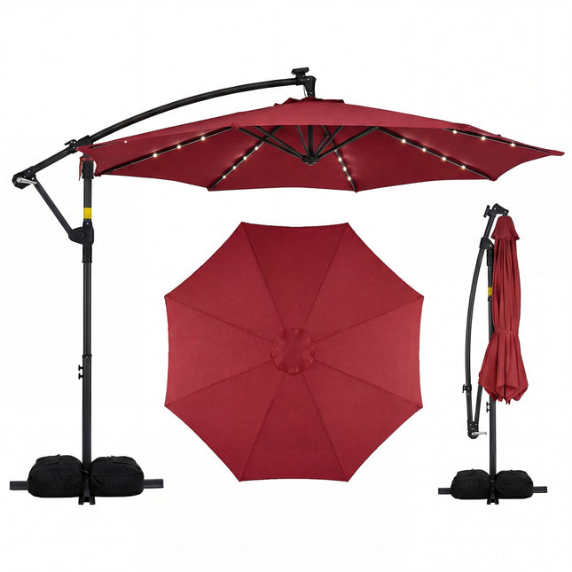 10 FT Solar LED Offset Cantilever Patio Umbrella Hanging Outdoor Market Umbrella