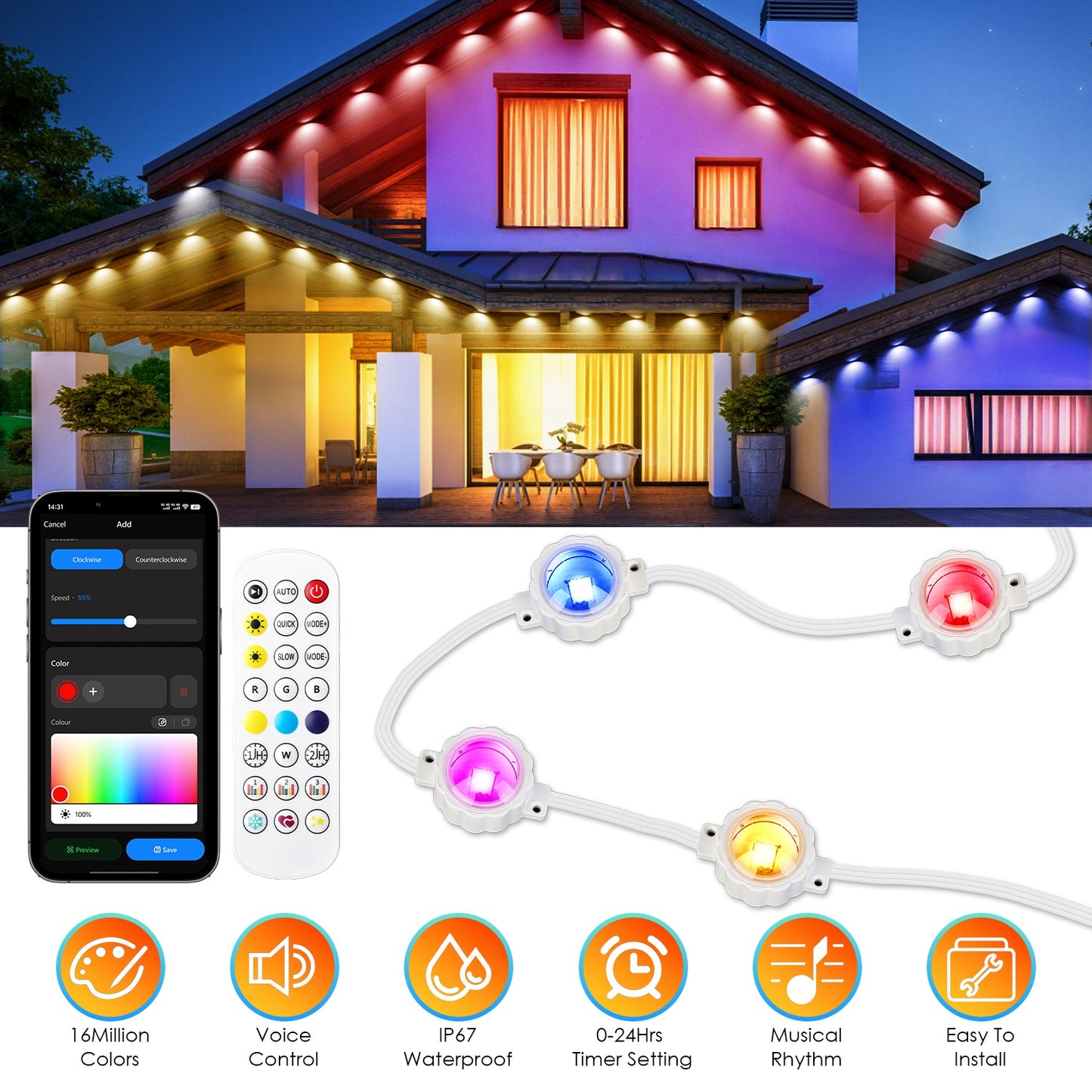 101FT Length Permanent Outdoor Lights With 72Pcs RGB Beads IP67 Waterproof Smart Eave Light For Halloween Christmas Daily House Lighting Works with Al