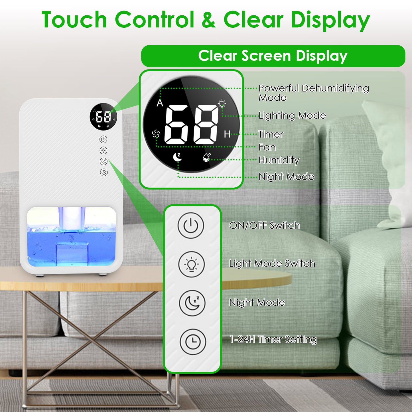 37.2OZ Dehumidifier Indoor Portable Small Dehumidifier with Sleep Mode 1-24H Timer 7-Color Lighting 950sq.ft Coverage Touch Control for Home Bathroom