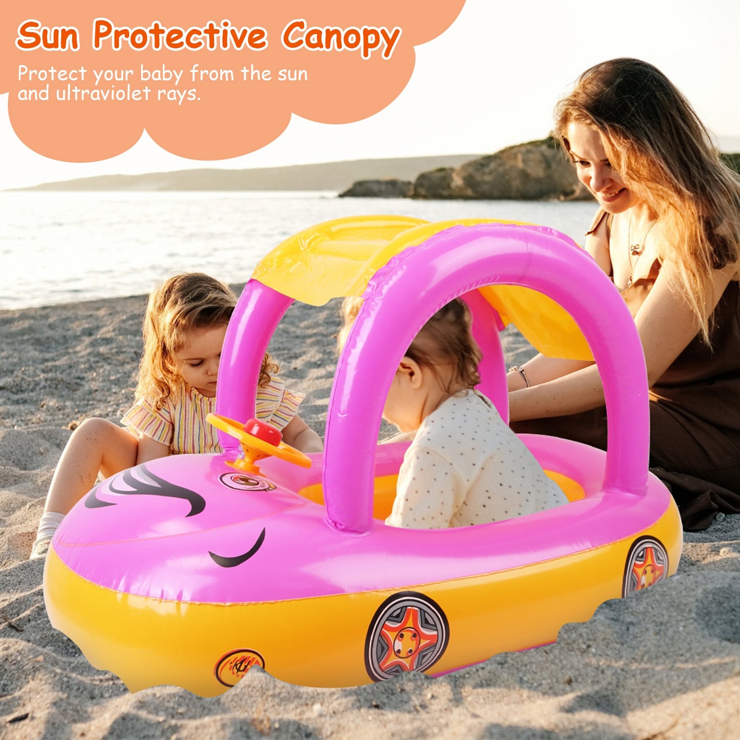 Baby Inflatable Pool Float Car Shaped Toddler Swimming Float Boat Pool Toy Infant Swim Ring Pool with Sun Protection Canopy for 1-3 Year-Old Kids Infa