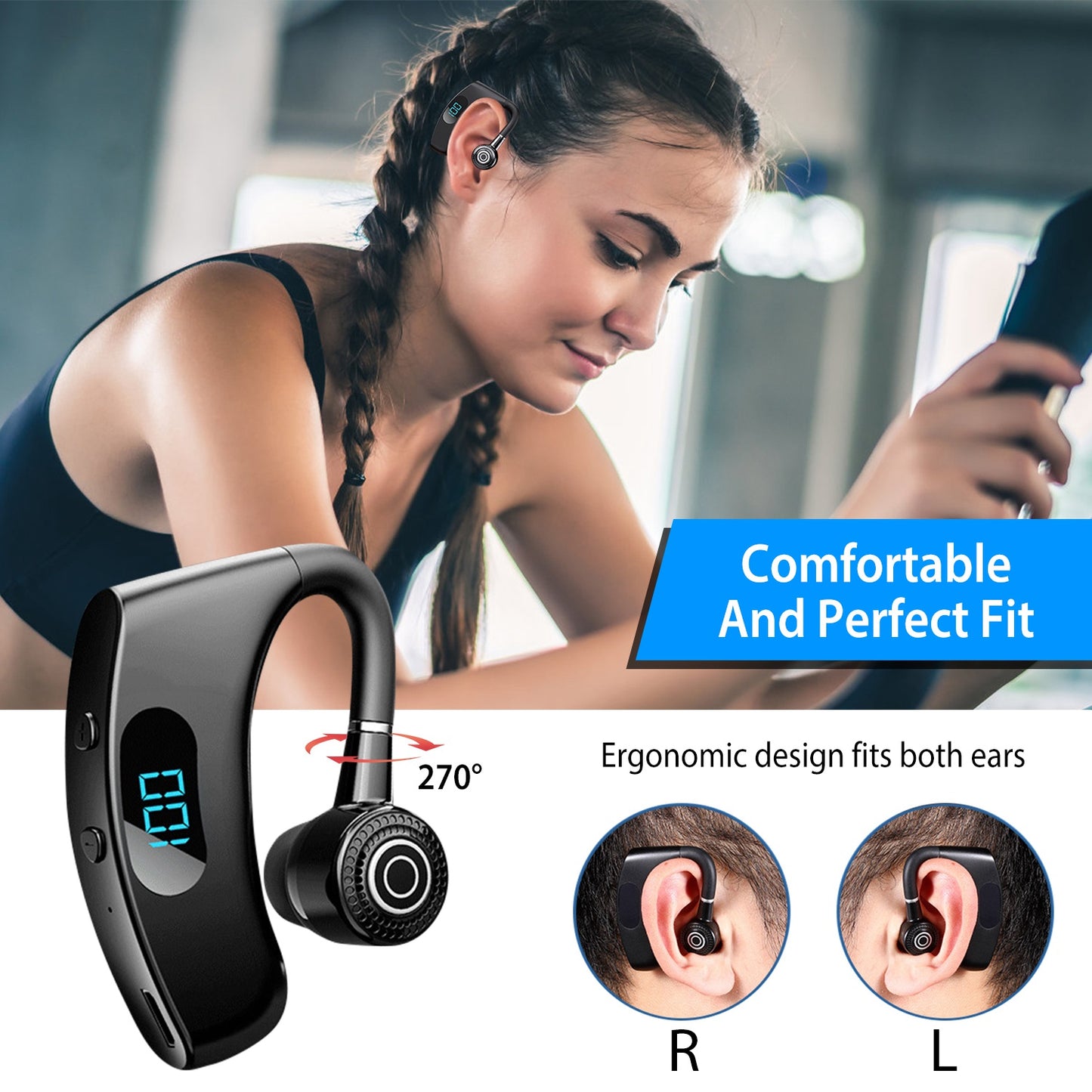 Unilateral Wireless V5.2 Earpiece Rechargeable Wireless in-Ear Headset with Hook for Car Driving Phone Call Office