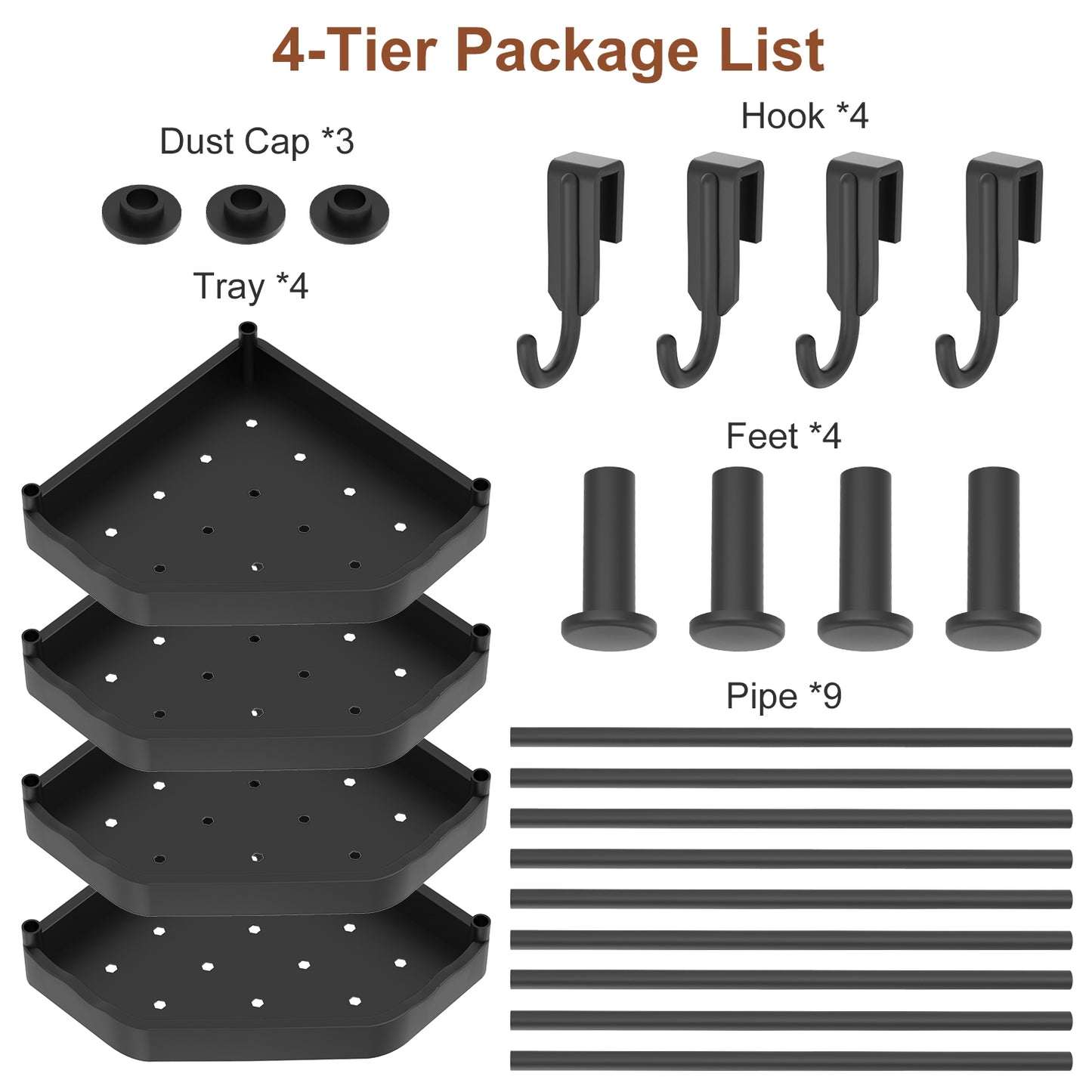 4 Tier Corner Shower Caddy Floor Standing Corner Shelf Carbon Steel Bathroom Storage Rack Organizer Stand with 4 Hooks for Bathroom Bathtub